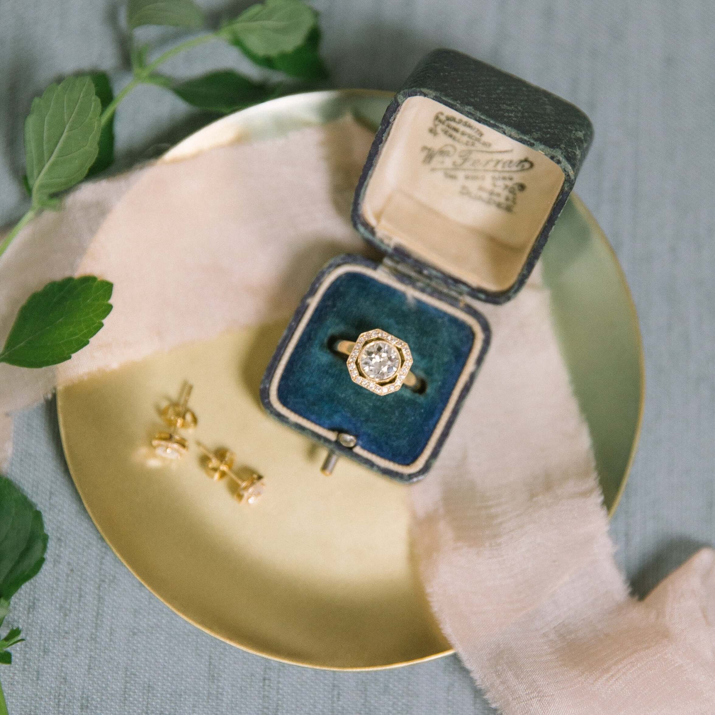 SINGLE STONE PARKER RING featuring 1.33ct L/VS1 GIA certified old European cut diamond with 0.19ctw old European cut accent diamonds set in a handcrafted 18K yellow gold mounting.