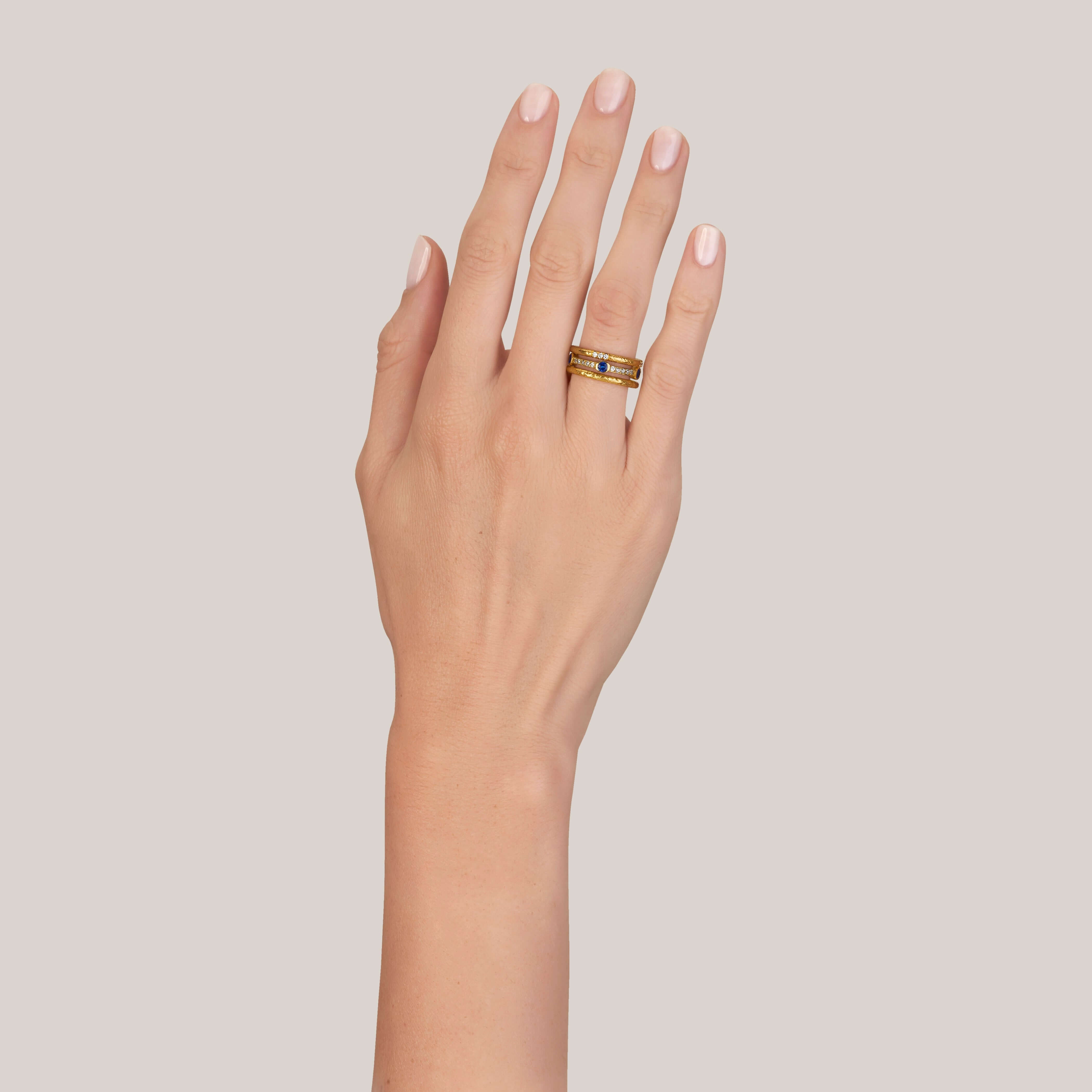 SINGLE STONE REN BAND | Approximately 0.14ctw G-H/VS old European cut diamonds set in a handcrafted hammered 22K yellow gold band. Approximate band with 2mm. Please inquire for additional customization.