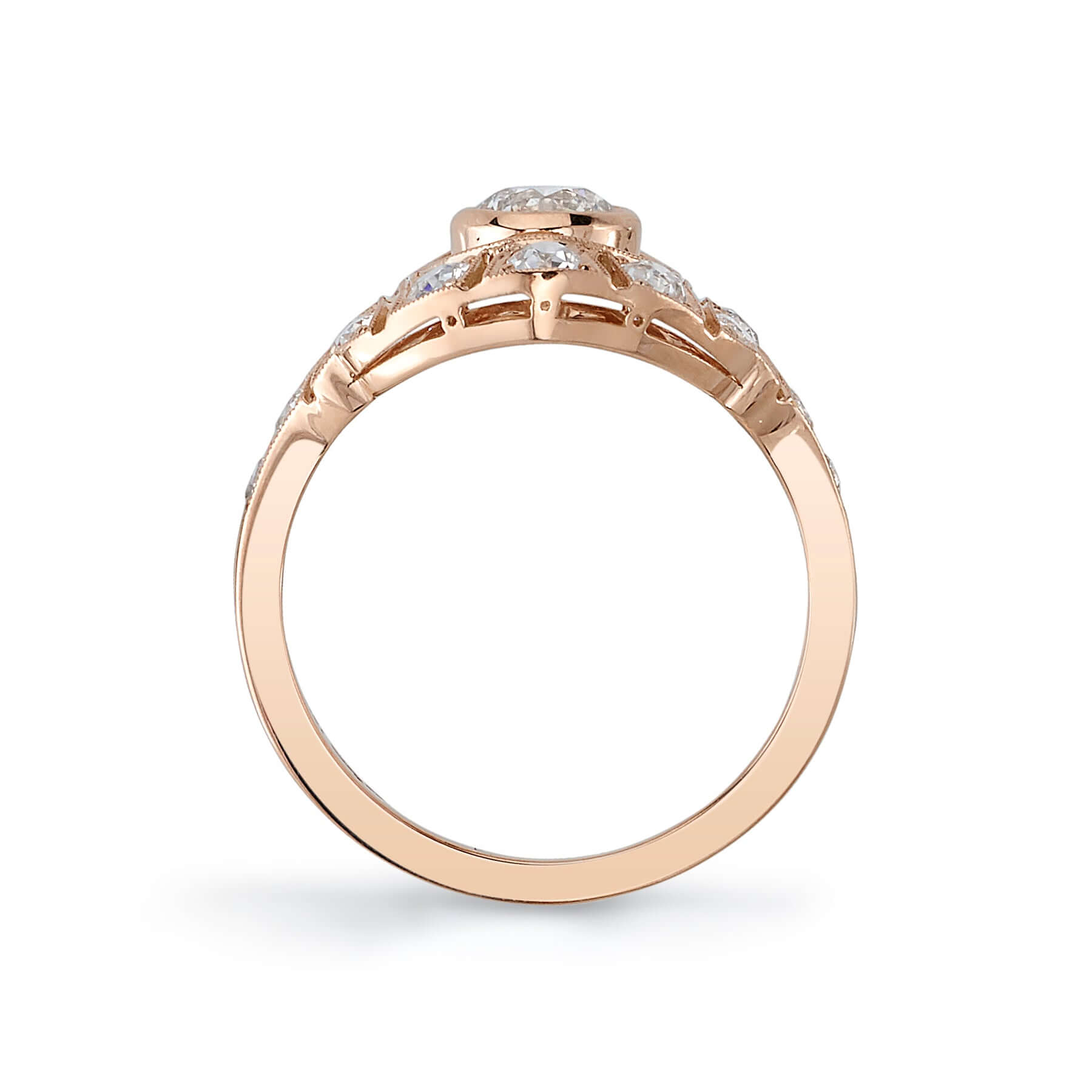SINGLE STONE RENEE RING featuring 0.58ct J/SI2 GIA certified old European cut diamond with 0.71ctw old European cut accent diamonds set in a handcrafted 18K rose gold mounting.
