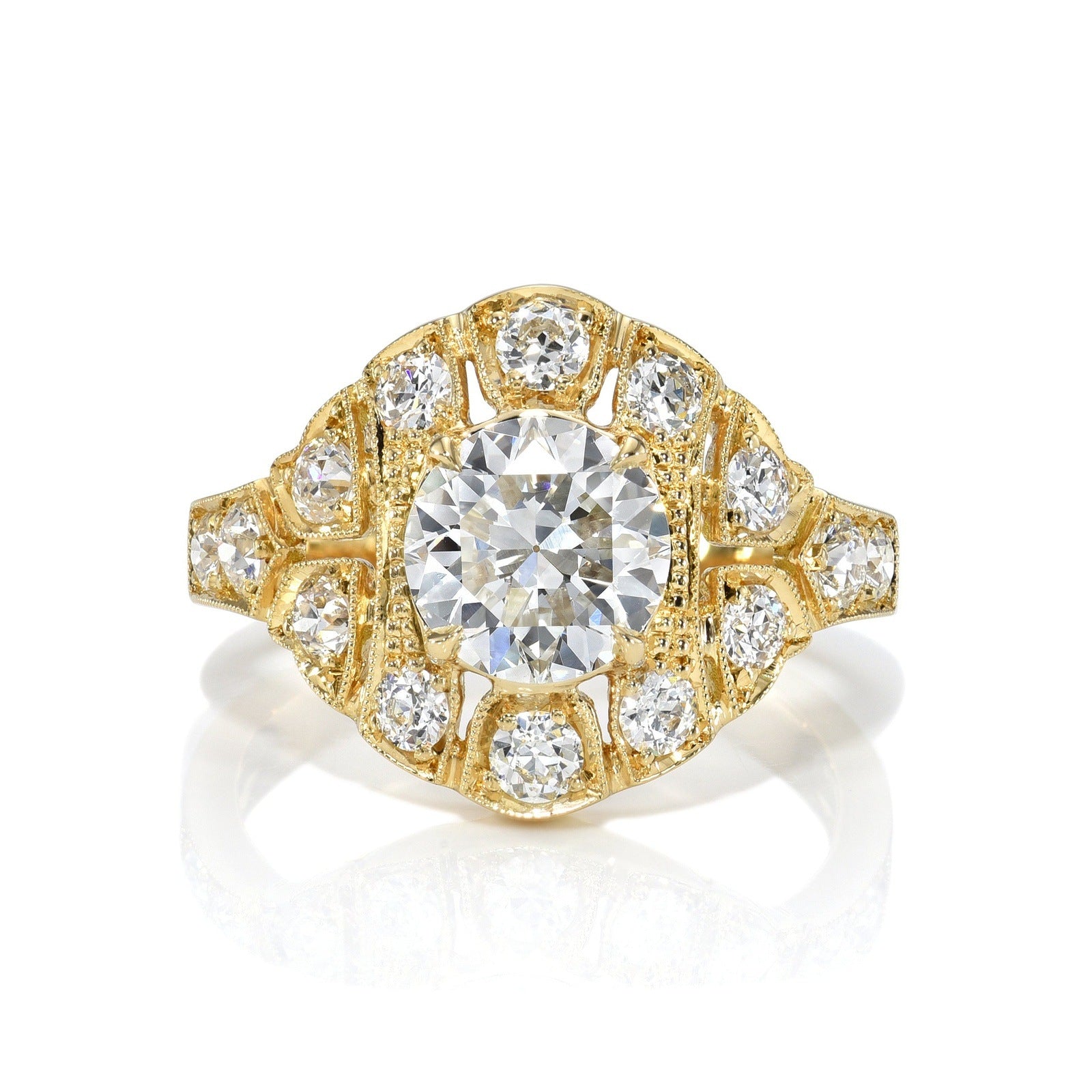 SINGLE STONE RENEE RING featuring 1.33ct H/VS1 GIA certified transitional cut diamond prong set with 0.78ctw old European cut accent diamonds set in a handcrafted 18K yellow gold mounting.