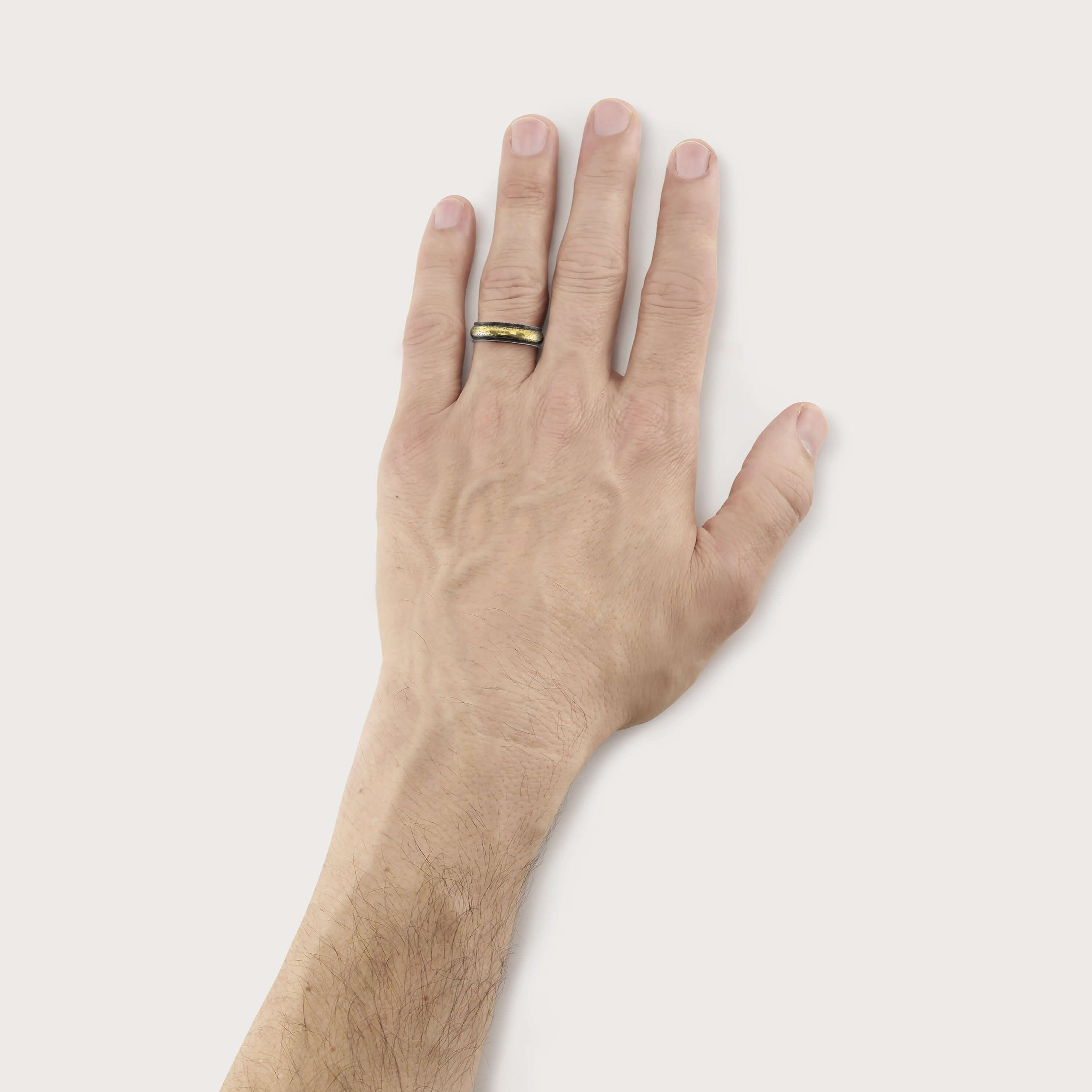 SINGLE STONE ROMAN BAND | 6mm handcrafted oxidized 18K yellow gold and silver Men's band. Bands available from 4mm to 8mm. Please inquire about additional widths or customization.