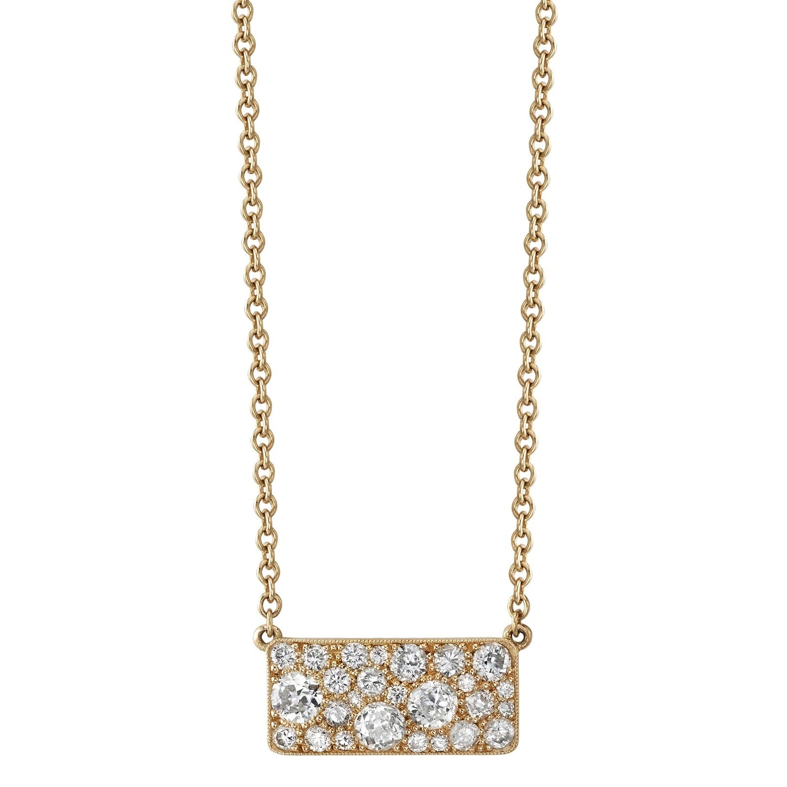 SINGLE STONE MILO COBBLESTONE PENDANT NECKLACE featuring Approximately 0.95ctw varying old cut and round brilliant cut diamonds set in a handcrafted 18K yellow gold pendant. Necklace measures 18". Price may vary according to total diamond weight. Availabl