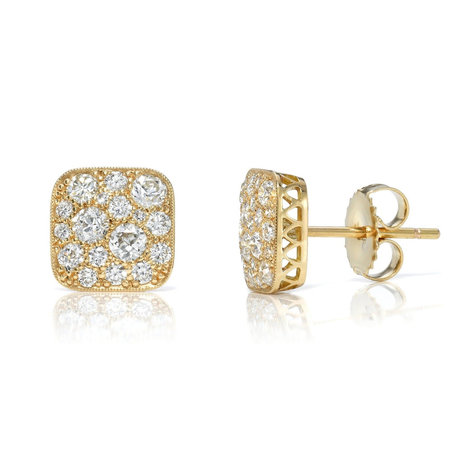 SINGLE STONE SQUARE COBBLESTONE STUDS | Earrings featuring Approximately 1.25ctw various old cut and round brilliant cut diamonds set in handcrafted 18K yellow gold earrings. Available in an oxidized or polished finish. Prices may vary according to diamon