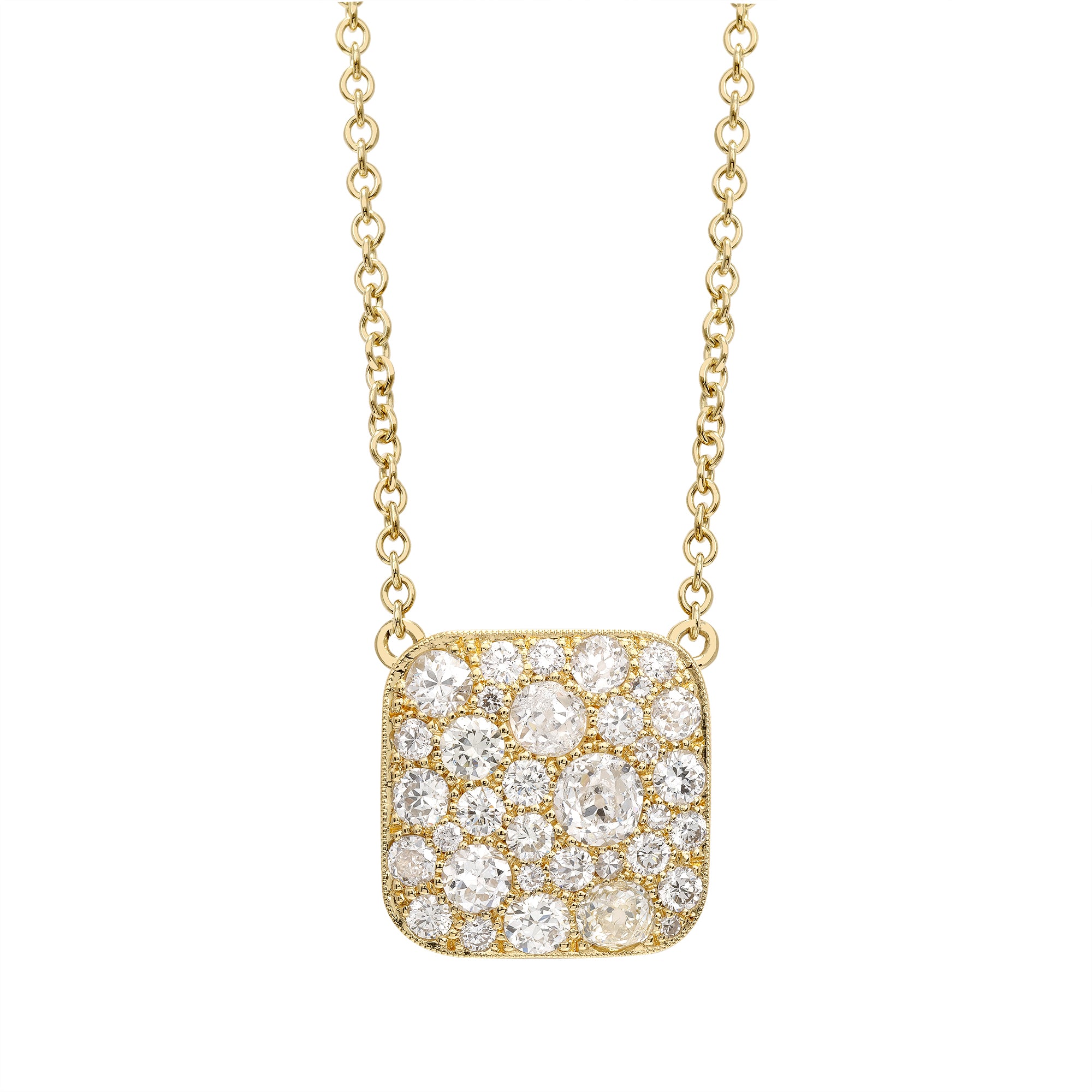 SINGLE STONE SQUARE COBBLESTONE PENDANT NECKLACE featuring Approximately 2.00ctw various old cut and round brilliant cut diamonds set in a handcrafted 18K yellow gold pendant. Price may vary according to total diamond weight. Available in an oxidized or p