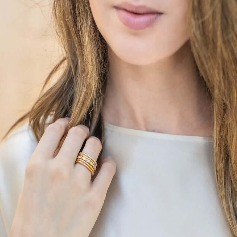 SINGLE STONE STEVIE BAND | Approximately 0.24ctw G-H/VS old European cut diamonds pave set in a handcrafted hammered 22K yellow gold half eternity band. Approximate band with 2mm. Please inquire for additional customization.