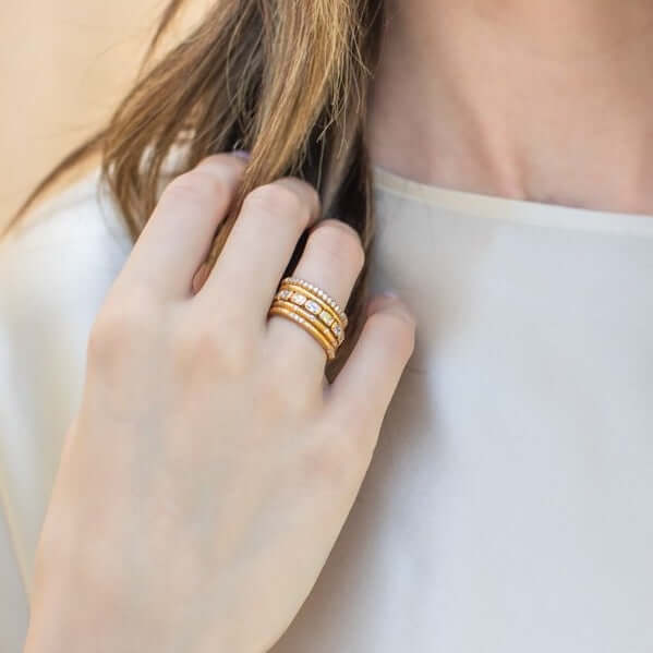 SINGLE STONE REN BAND | Approximately 0.14ctw G-H/VS old European cut diamonds set in a handcrafted hammered 22K yellow gold band. Approximate band with 2mm. Please inquire for additional customization.