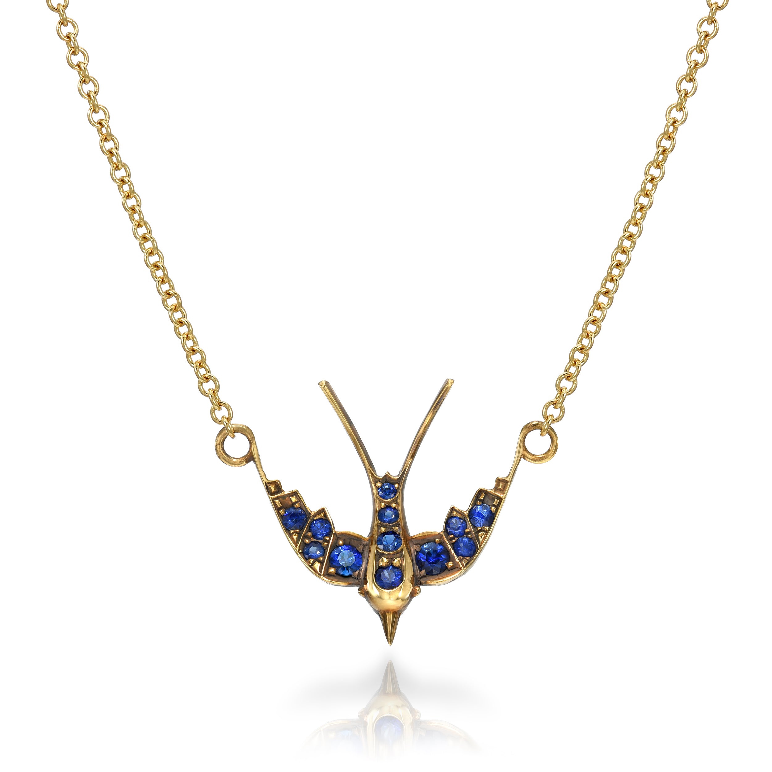 SINGLE STONE SMALL SWALLOW NECKLACE WITH GEMSTONES featuring Approximately 0.35ctw old European cut color gemstones prong set in a handcrafted 18K yellow gold swallow pendant necklace. Necklace measures 17".