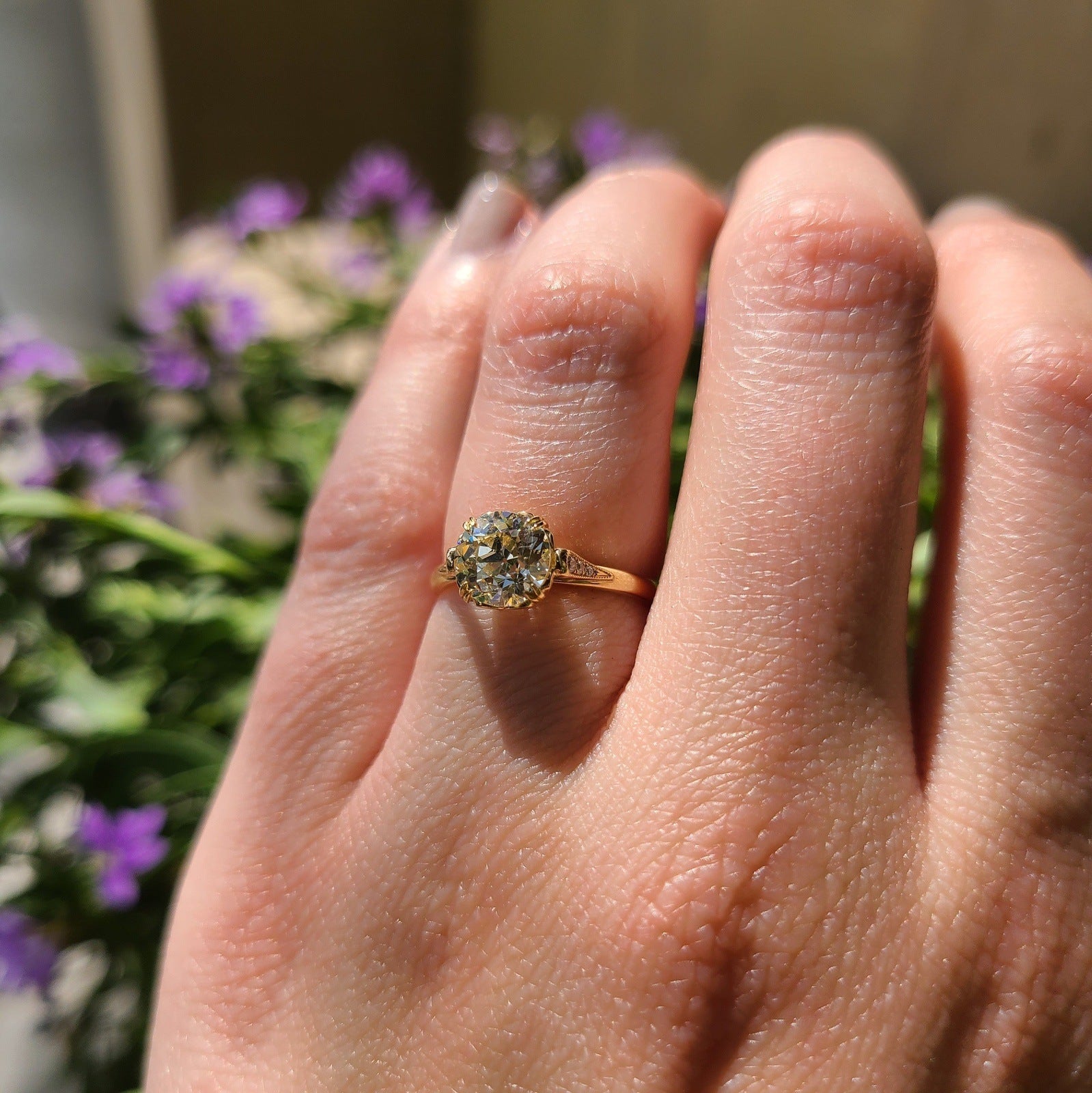 SINGLE STONE SYDNEE WITH DIAMONDS RING featuring 1.26ct N/VS1 GIA certified old European cut diamond with 0.03ctw old European cut accent diamonds set in a handcrafted 18K yellow gold mounting.