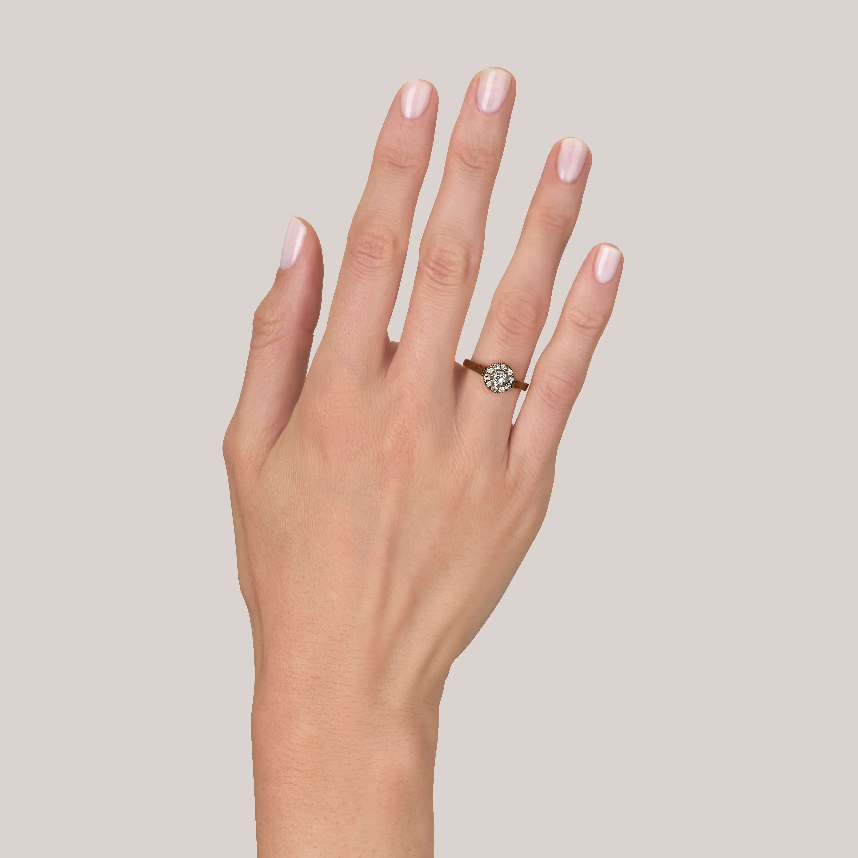 SINGLE STONE TALIA RING featuring 0.47ct L-M/VS antique old mine cut diamond with 0.35ctw old European cut accent diamonds set in a handcrafted oxidized 18K yellow and champagne gold mounting.