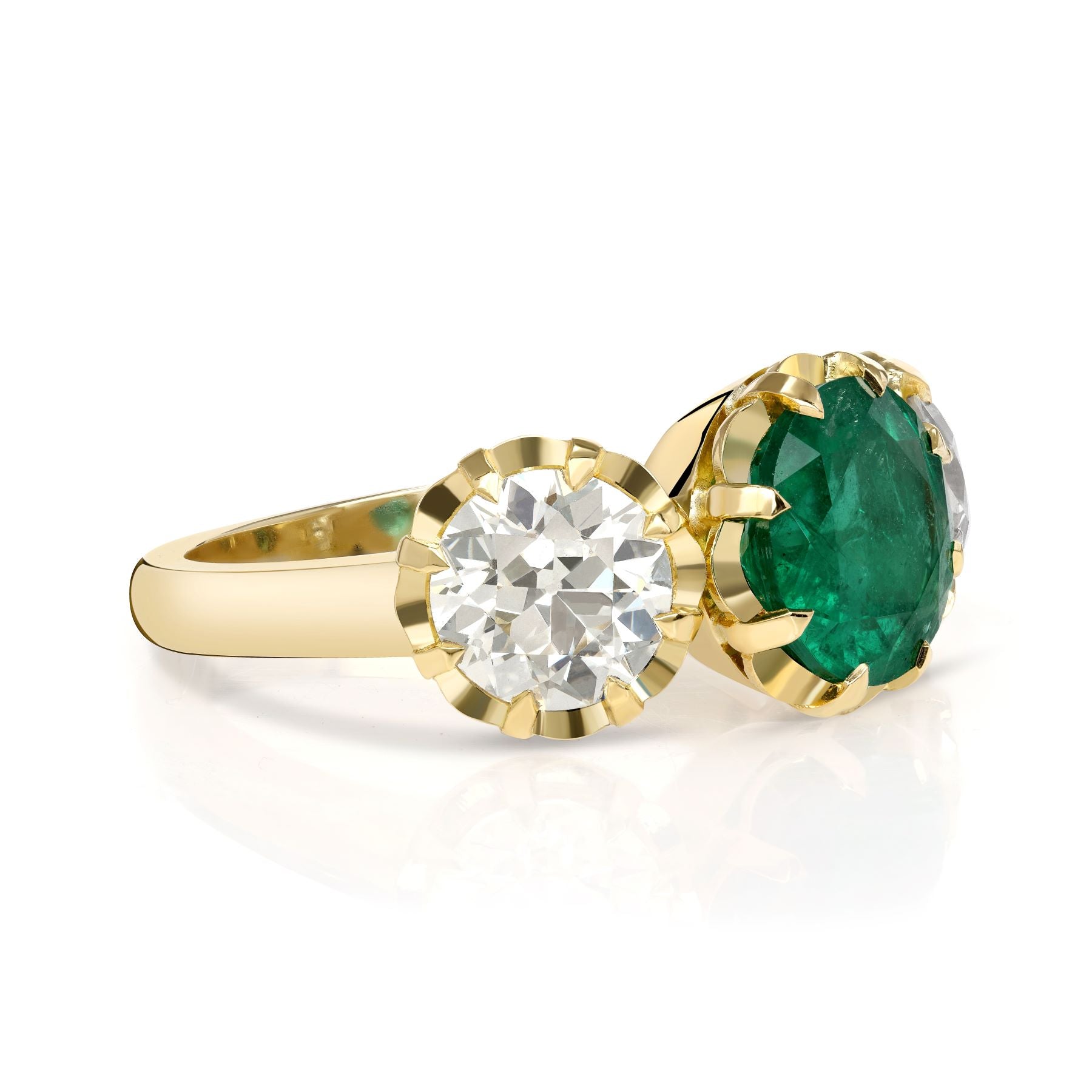 SINGLE STONE THREE STONE JOLENE RING featuring 1.34ct H/SI2 old European cut diamond with 2.05ctw old European cut accent diamonds prong set in a handcrafted 18K yellow gold and platinum mounting.