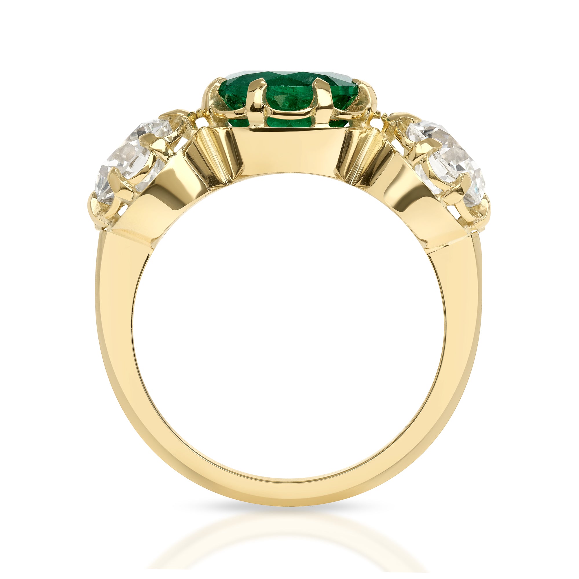 SINGLE STONE THREE STONE JOLENE RING featuring 1.34ct H/SI2 old European cut diamond with 2.05ctw old European cut accent diamonds prong set in a handcrafted 18K yellow gold and platinum mounting.