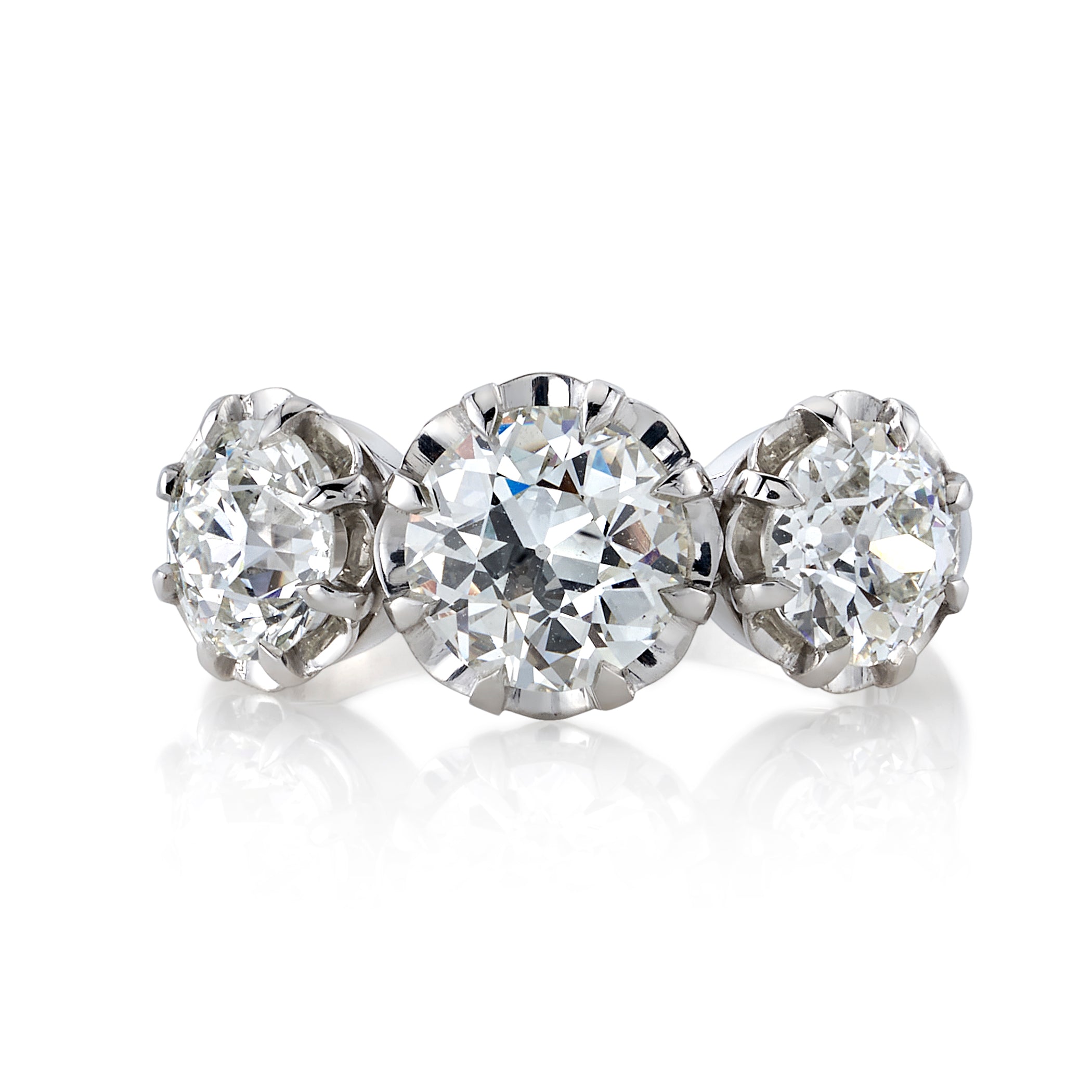 SINGLE STONE THREE STONE JOLENE RING featuring 3.36ctw I-J/VS1-VS2 GIA certified old European cut diamonds set in a handcrafted platinum mounting.