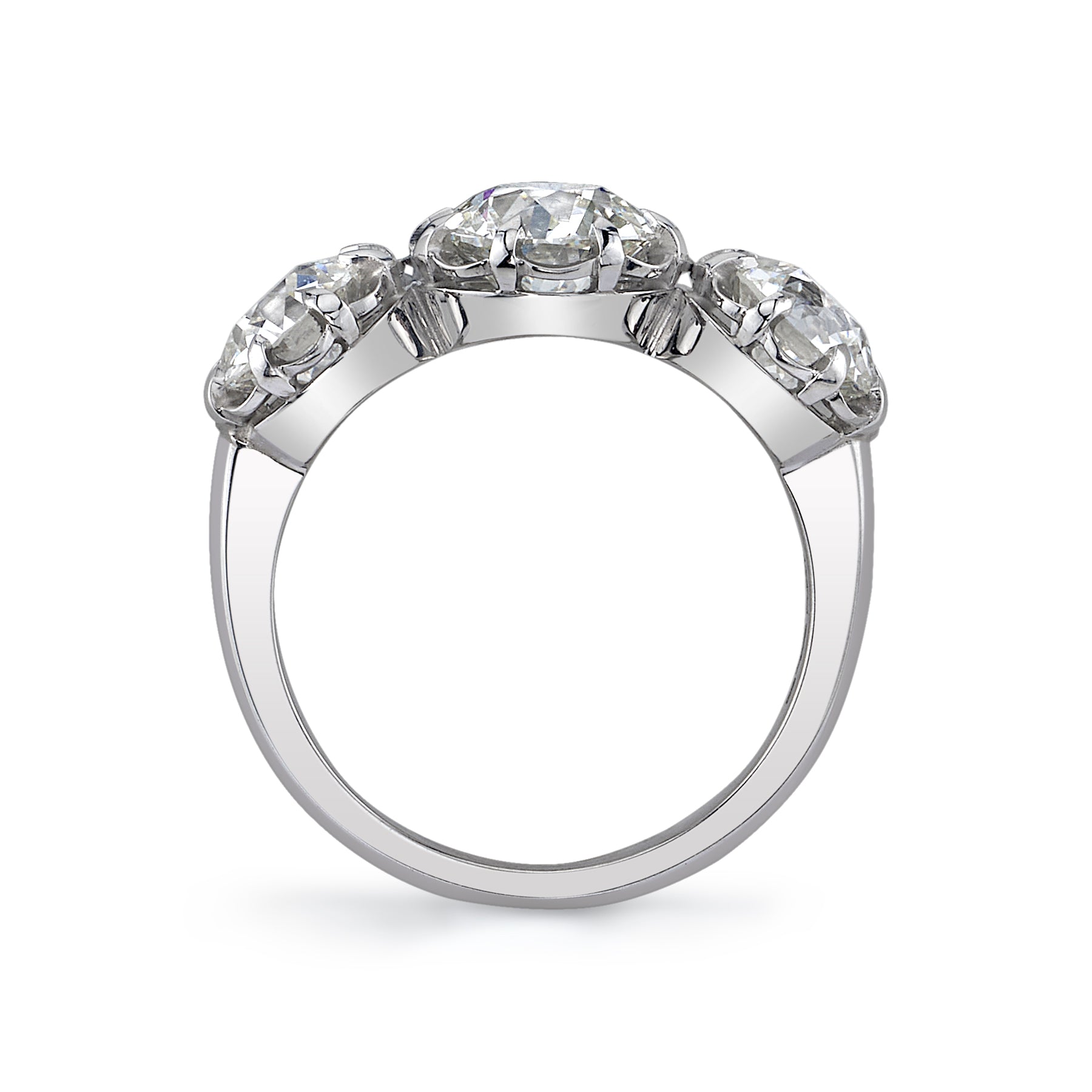 SINGLE STONE THREE STONE JOLENE RING featuring 3.36ctw I-J/VS1-VS2 GIA certified old European cut diamonds set in a handcrafted platinum mounting.