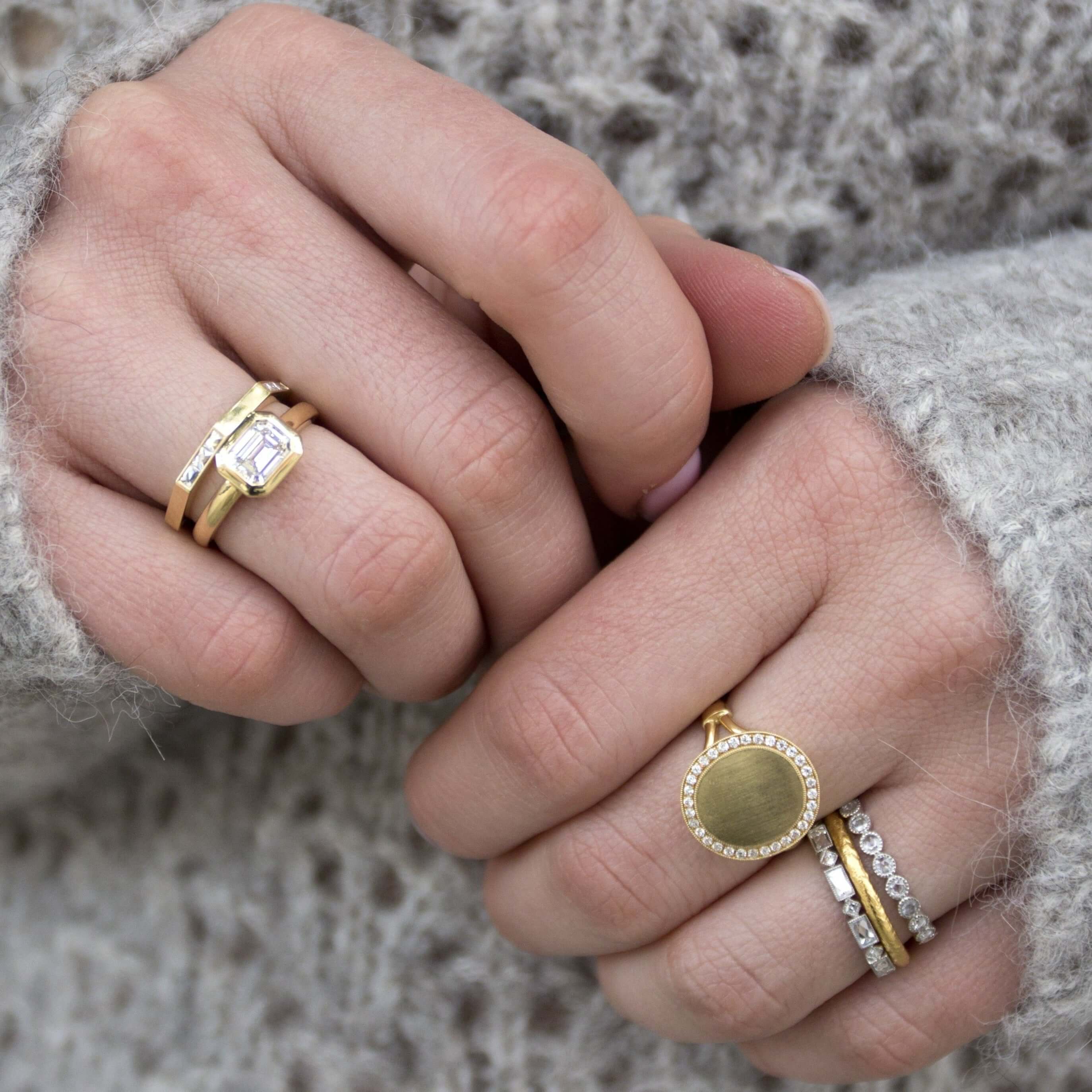 SINGLE STONE MADELINE BAND | Approximately 0.80-1.00ctw square and rectangular French cut diamonds bezel set in a handcrafted eternity band. Approximate band width 2.4mm. *Stone weight may vary from piece to piece. Please inquire for additional customizat