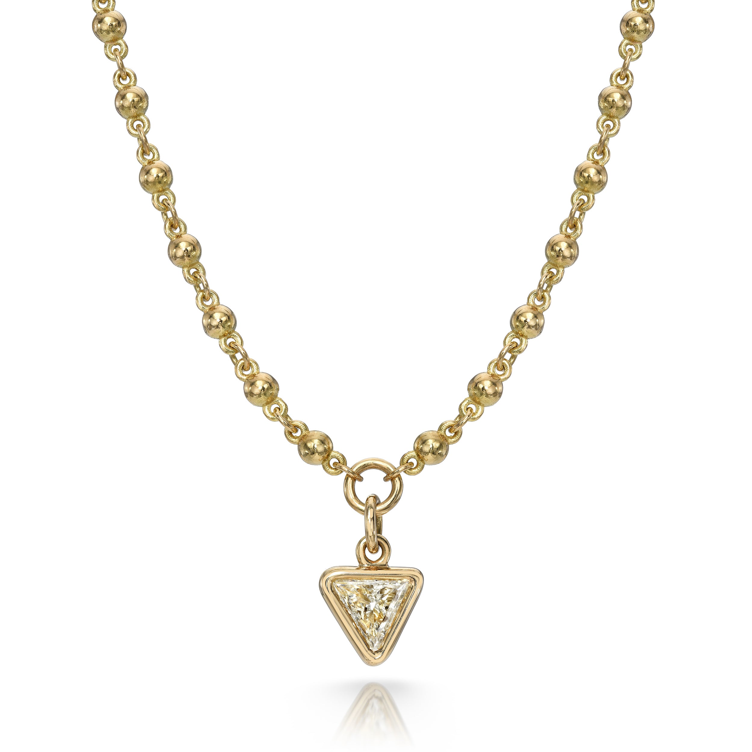 SINGLE STONE VEDA featuring 1.05ct H/SI1 trillion cut diamond bezel set on a handcrafted 18K yellow gold pendant necklace. Necklace measures 17".