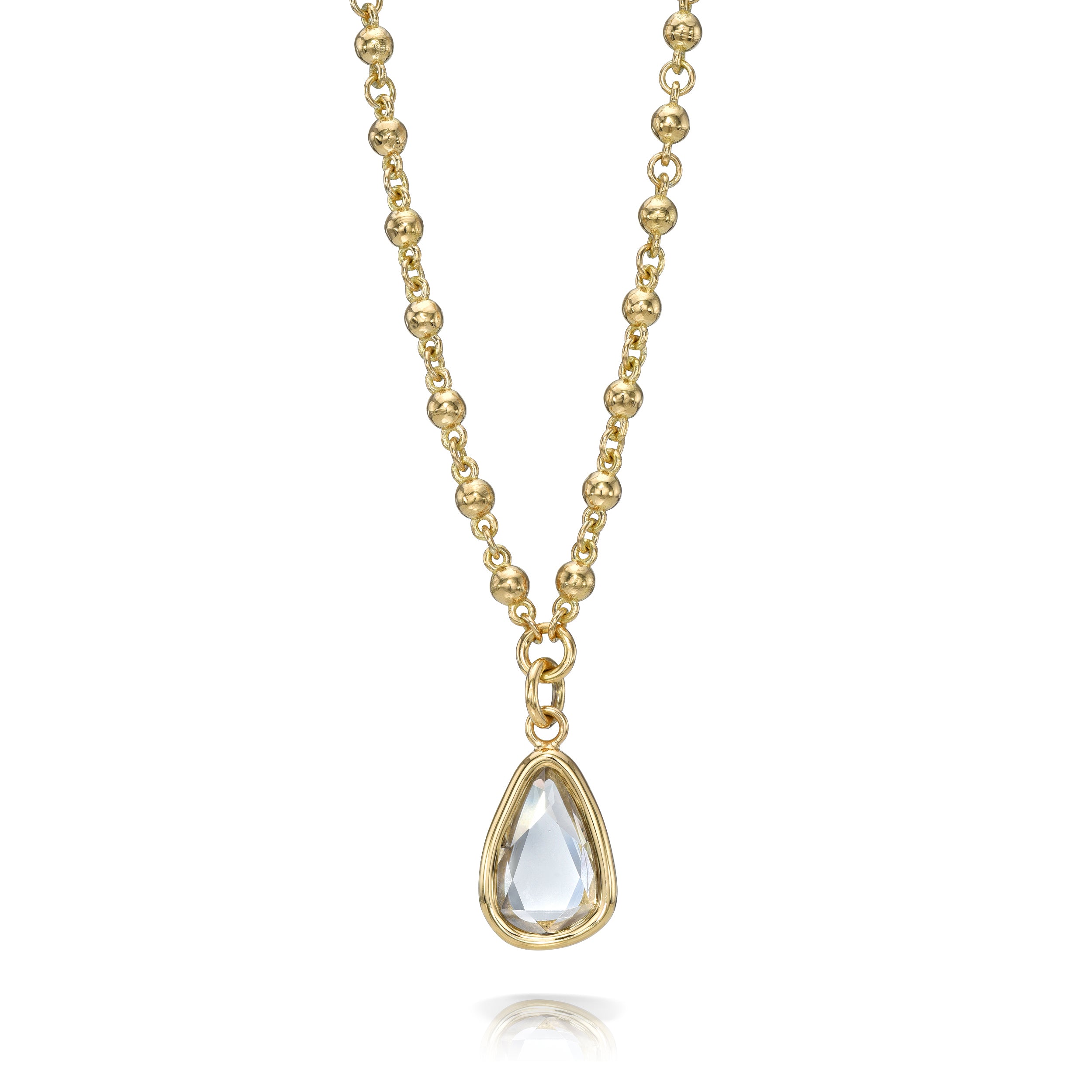 SINGLE STONE VEDA featuring 2.39ct N/I1 GIA certified vintage pear shaped rose cut diamond bezel set on a handcrafted 18K yellow gold pendant necklace.