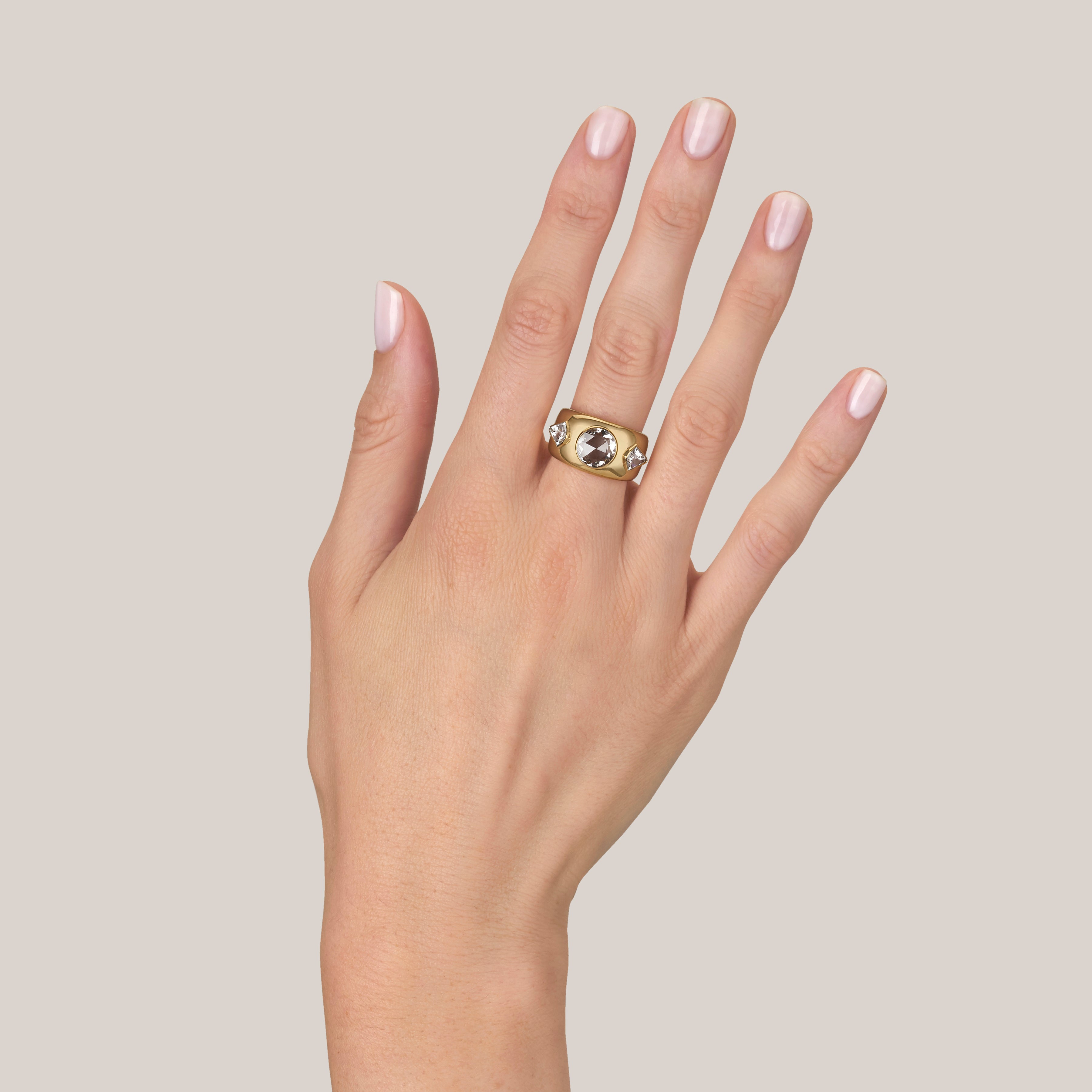 SINGLE STONE WINSLOW RING featuring 1.34ct M/VS1 GIA certified rose cut diamond with 0.70ctw kite cut accent diamonds set in a handcrafted 18K yellow gold mounting.