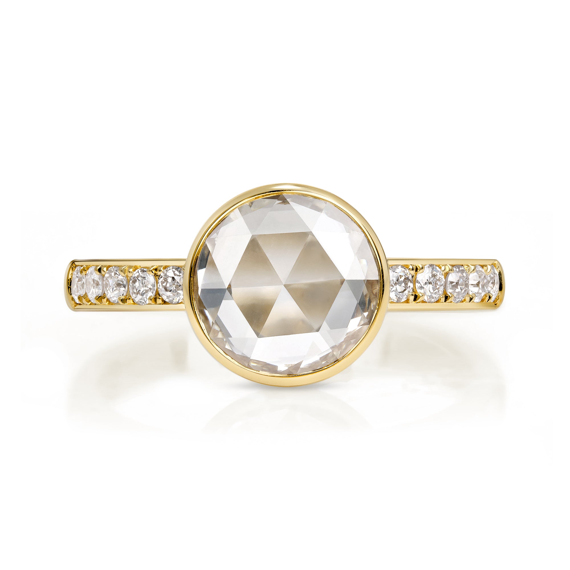 SINGLE STONE WYLER RING featuring 1.74ct Fancy Yellow/VS2 GIA certified round Rose cut diamond with 0.16ctw old European cut accent diamonds bezel set in a handcrafted 18K yellow gold mounting.