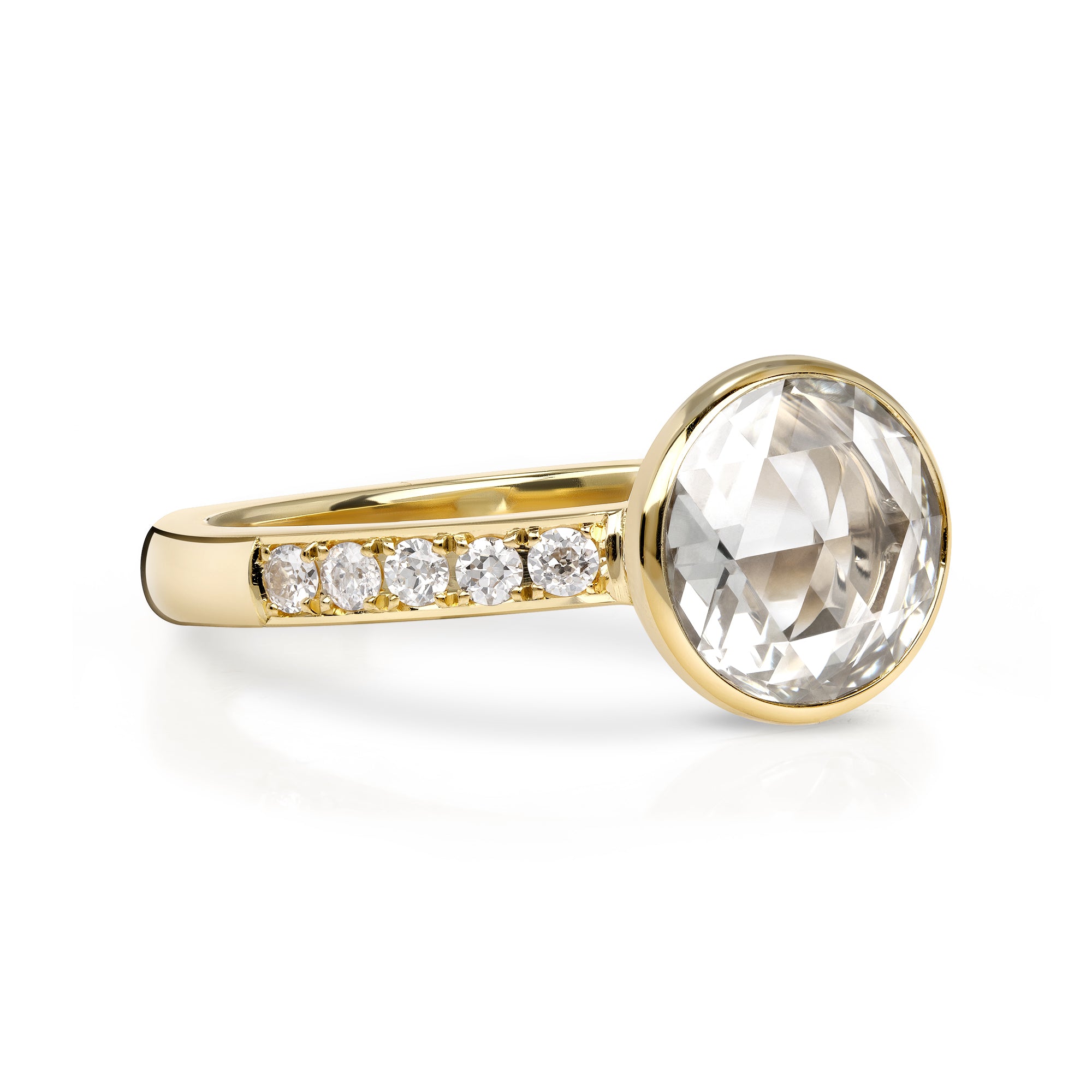 SINGLE STONE WYLER RING featuring 1.74ct Fancy Yellow/VS2 GIA certified round Rose cut diamond with 0.16ctw old European cut accent diamonds bezel set in a handcrafted 18K yellow gold mounting.