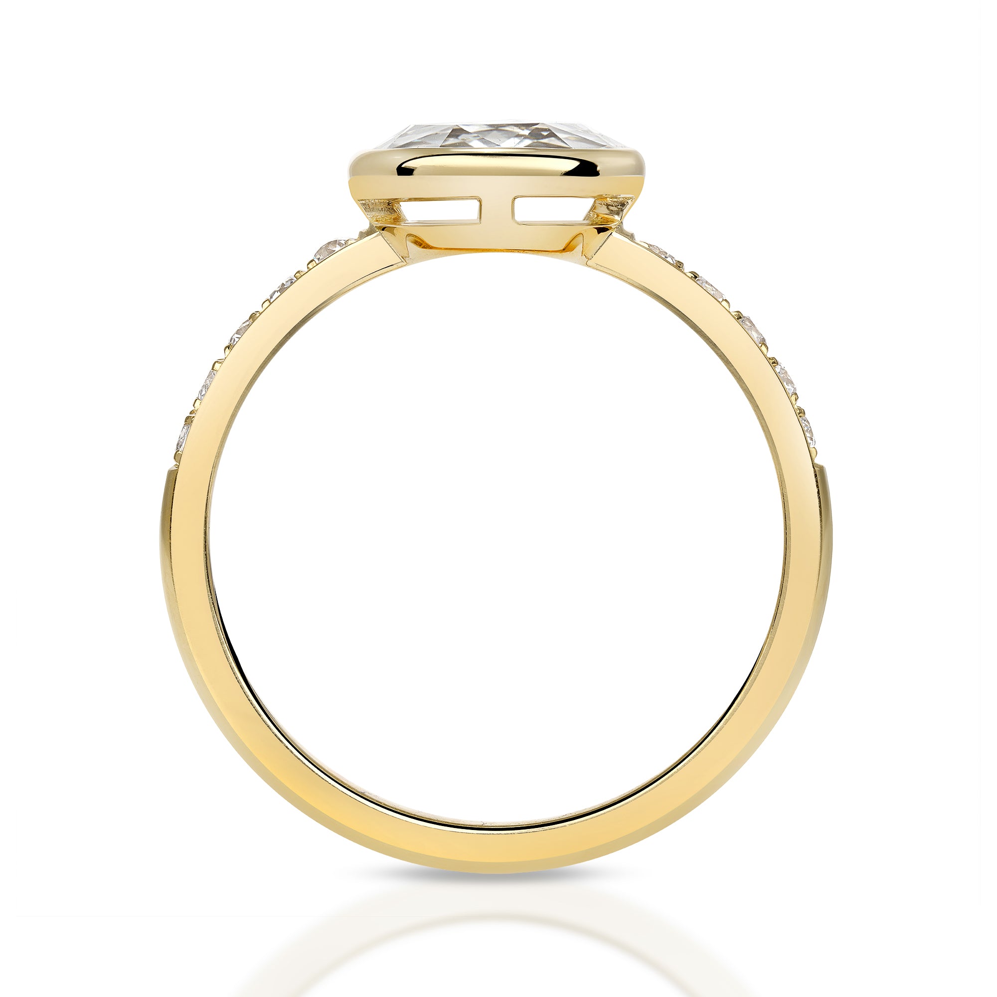 SINGLE STONE WYLER RING featuring 1.74ct Fancy Yellow/VS2 GIA certified round Rose cut diamond with 0.16ctw old European cut accent diamonds bezel set in a handcrafted 18K yellow gold mounting.