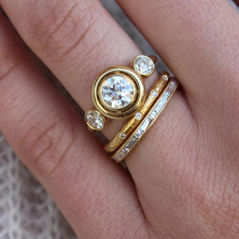 SINGLE STONE WAVERLY RING featuring 0.92ct J/VS1 EGL certified old European cut diamond with 0.50ctw old European cut accent diamonds set in a handcrafted 18K yellow gold mounting.