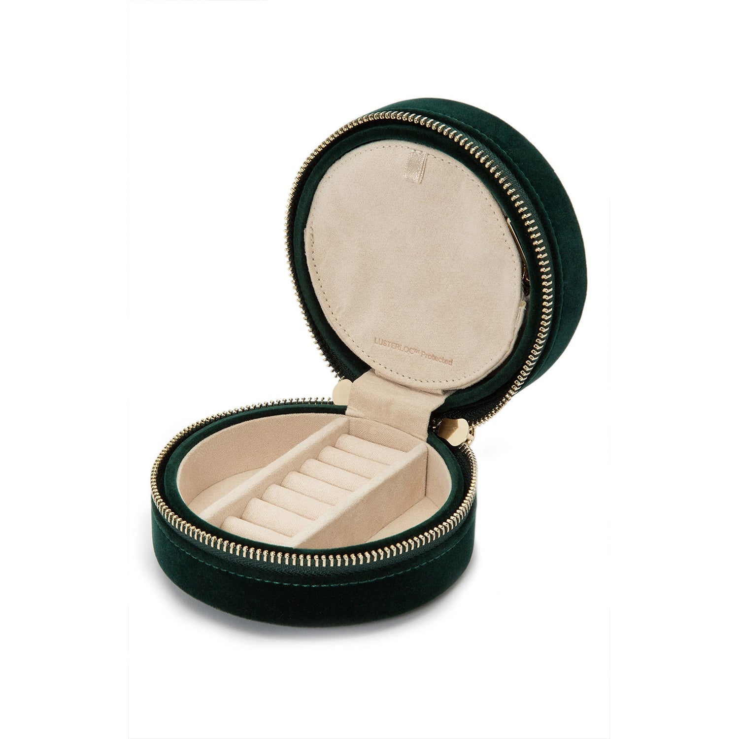 ZOE ROUND TRAVEL CASE, Forest green velvet Mirror, 7 ring rolls, 2 compartments and a zip pouch LusterLoc™: Allows the fabric lining the inside of your jewelry cases to absorb the hostile gases known to cause tarnishing. Under typical storage conditions,