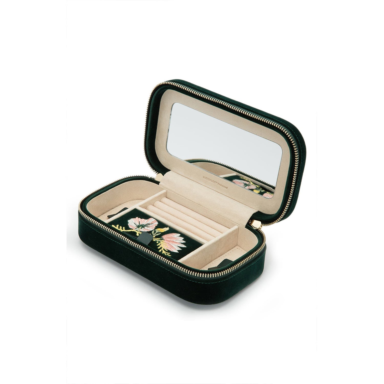ZOE TRAVEL ZIP CASE, Forest green velvet Mirror, 3 ring rolls, medium compartment with cover, and 2 small compartments LusterLoc™: Allows the fabric lining the inside of your jewelry cases to absorb the hostile gases known to cause tarnishing. Under typic
