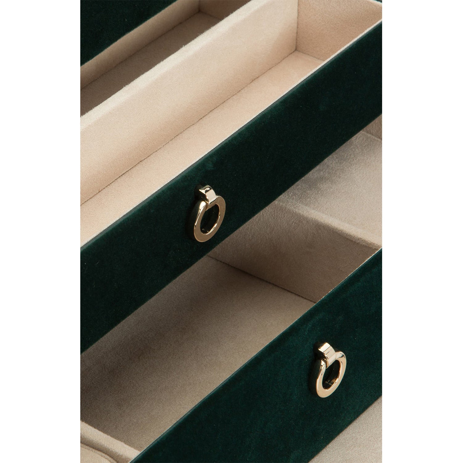MEDIUM ZOE JEWELRY CASE, Forest green velvet 10 small compartments: 4 medium compartments, 3 large compartments, 4 bracelet compartments, 4 bracelet/watch cuffs, and removable mini travel piece LusterLoc™: Allows the fabric lining the inside of your jewel