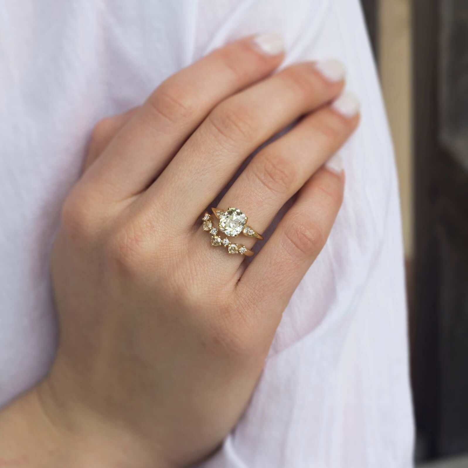 SINGLE STONE BROOKE BAND | 2mm handcrafted prong-set curved band with approximately 0.30ctw mixed old European and rose cut diamonds. Please inquire for additional customization.