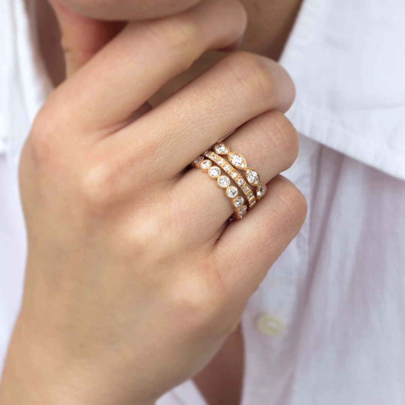 SINGLE STONE KELLY BAND | Approximately 1.40ctw old European cut diamonds set in a handcrafted marquise shaped eternity band. Approximate band width 4mm. Please inquire for additional customization.