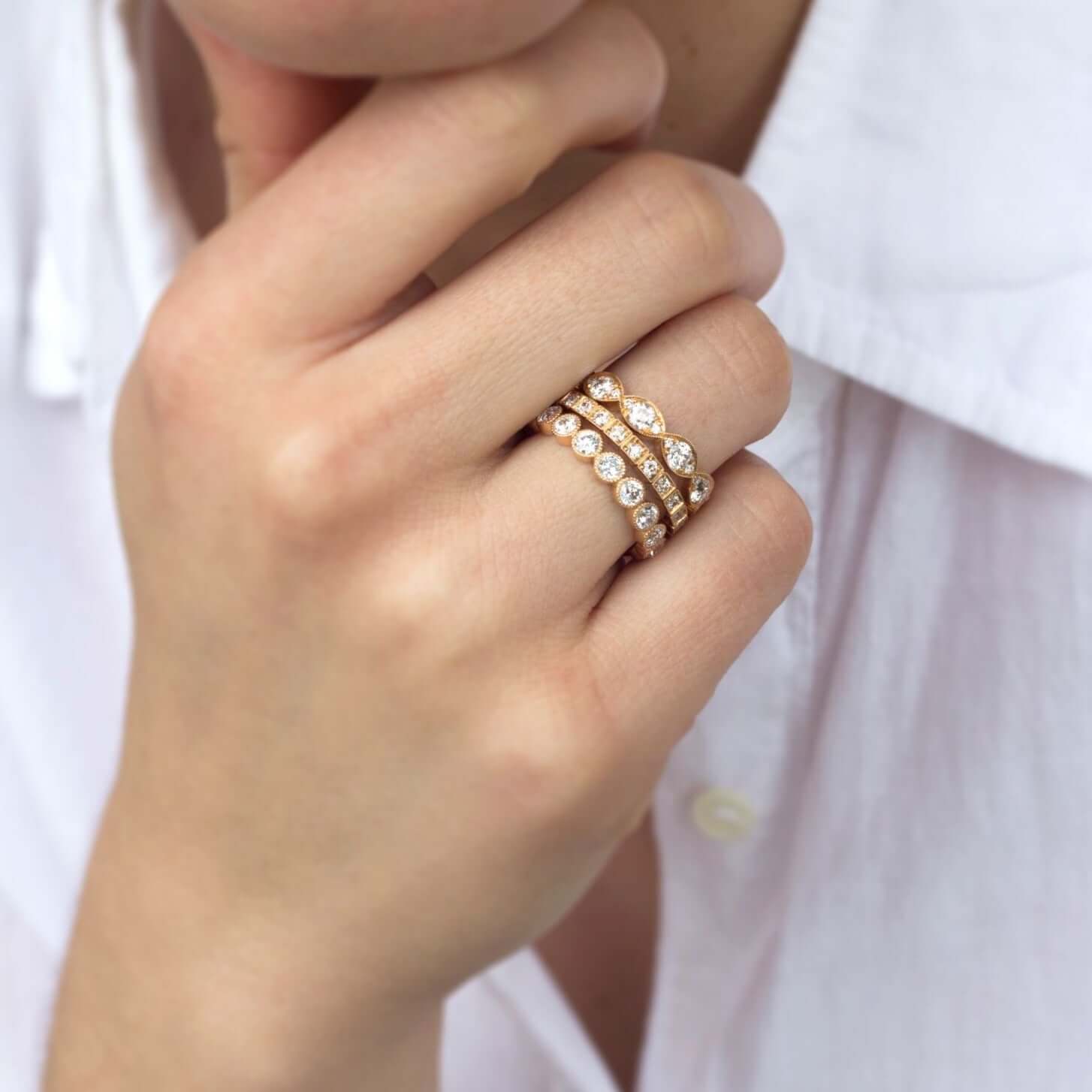 SINGLE STONE HADLEY BAND | Approximately 0.20ctw G-H/VS old European cut diamonds prong set in a handcrafted half eternity band. Approximate band width 2.3mm. Please inquire for additional customization.