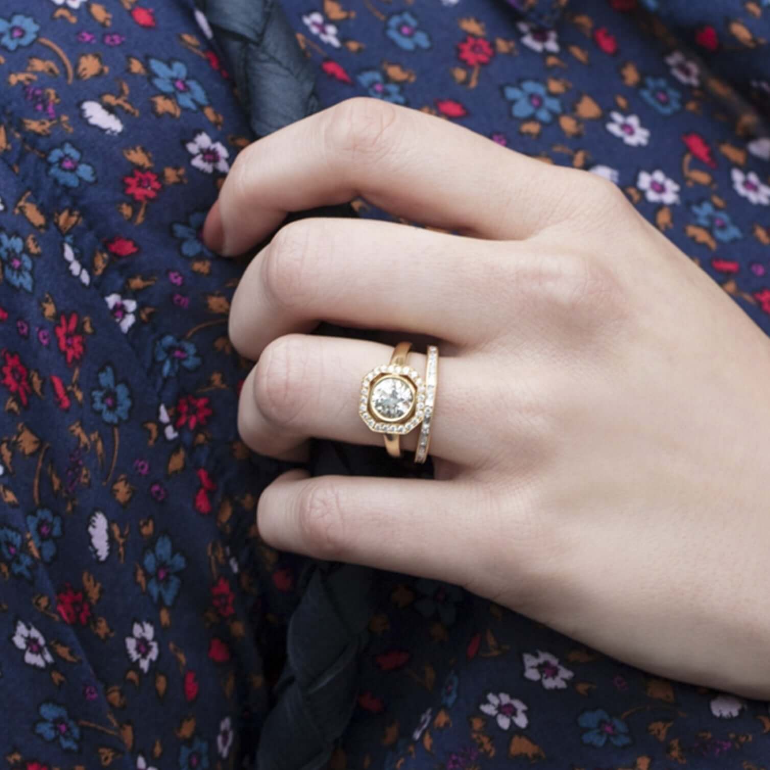 SINGLE STONE PARKER RING featuring 1.33ct L/VS1 GIA certified old European cut diamond with 0.19ctw old European cut accent diamonds set in a handcrafted 18K yellow gold mounting.