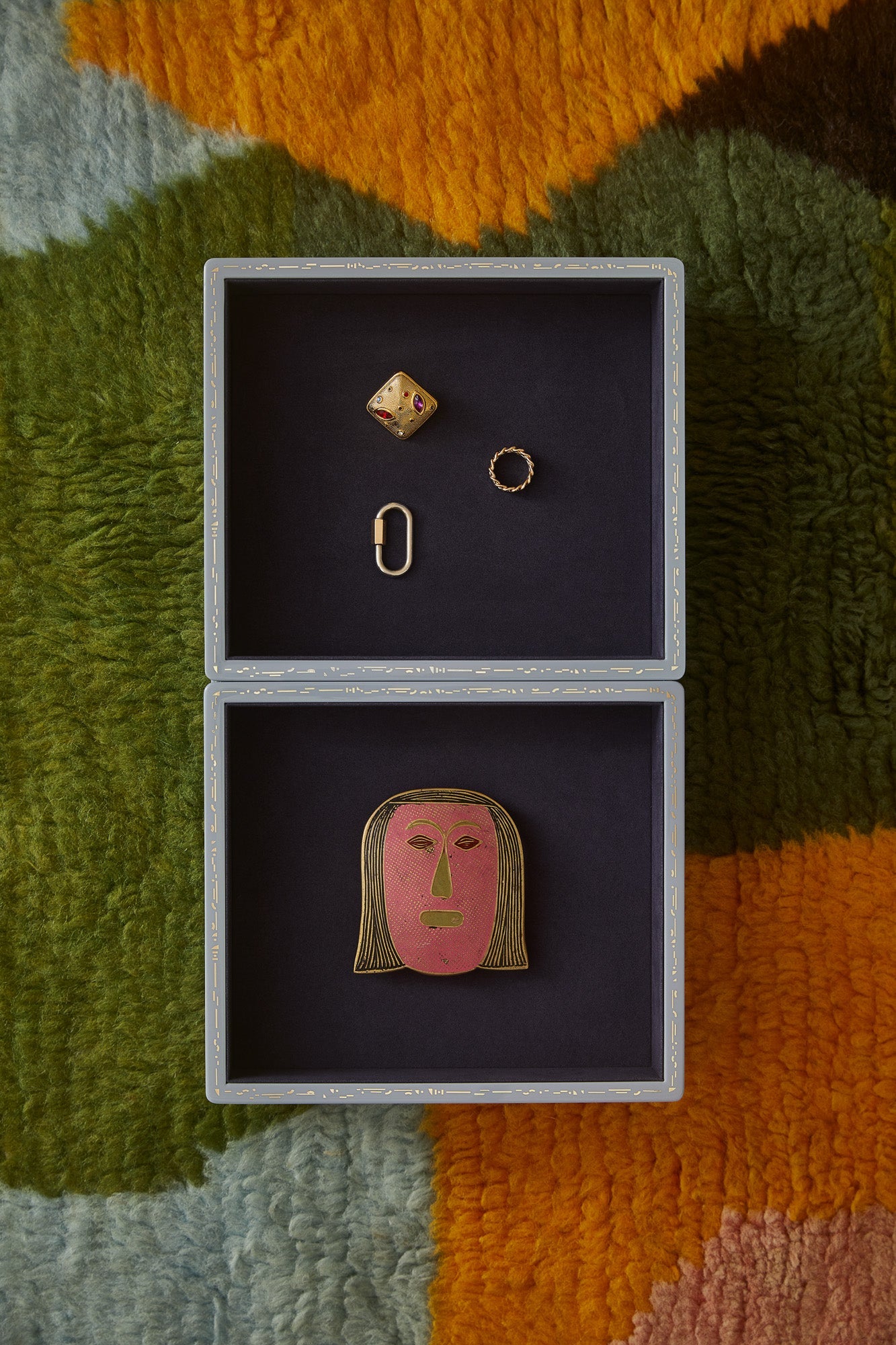 SMALL STACKING JEWELRY TRAY - EVENING BLUE, Color: Dusty blue with deep indigo interior Wood with high lacquer finish Features delicate gold effect inlay 19cm long, 22cm wide, 4.4cm high, Jewelry Case, Trove