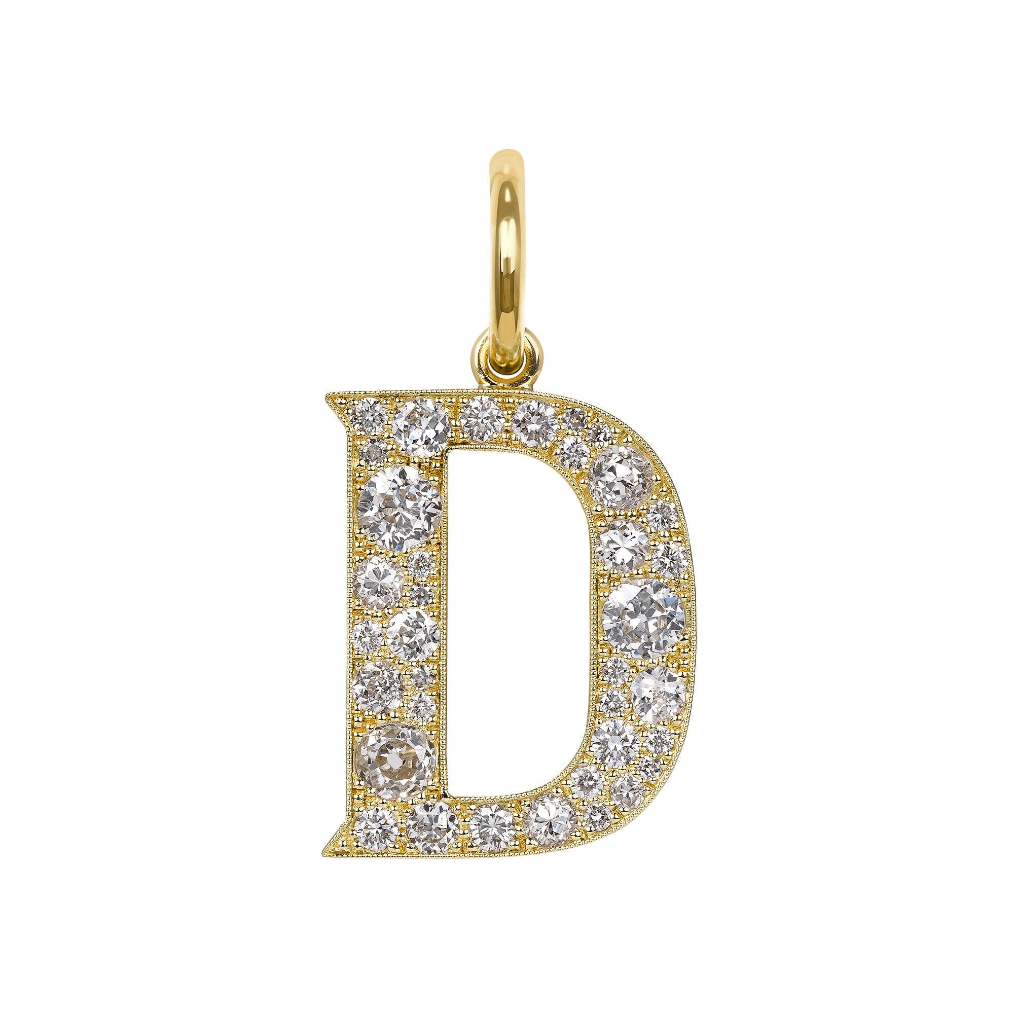 SINGLE STONE LARGE COBBLESTONE LETTERS PENDANT featuring Approximately 0.95ctw-2.75ctw varying old cut and round brilliant cut diamonds set in a handcrafted 18K yellow gold letter pendant. Letters are approximately 1" tall. Available in an oxidized or pol