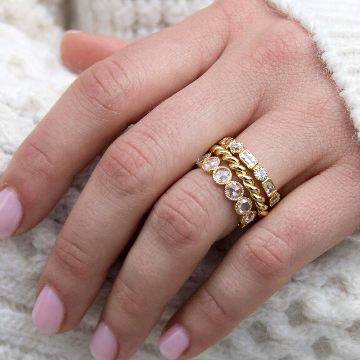 SINGLE STONE LARGE ROSE CUT GABBY BAND | Approximately 2.00ctw G-H/VS-SI Rose cut diamonds bezel set in a handcrafted eternity band. Approximate band width 4.8mm. Please inquire for additional customization.