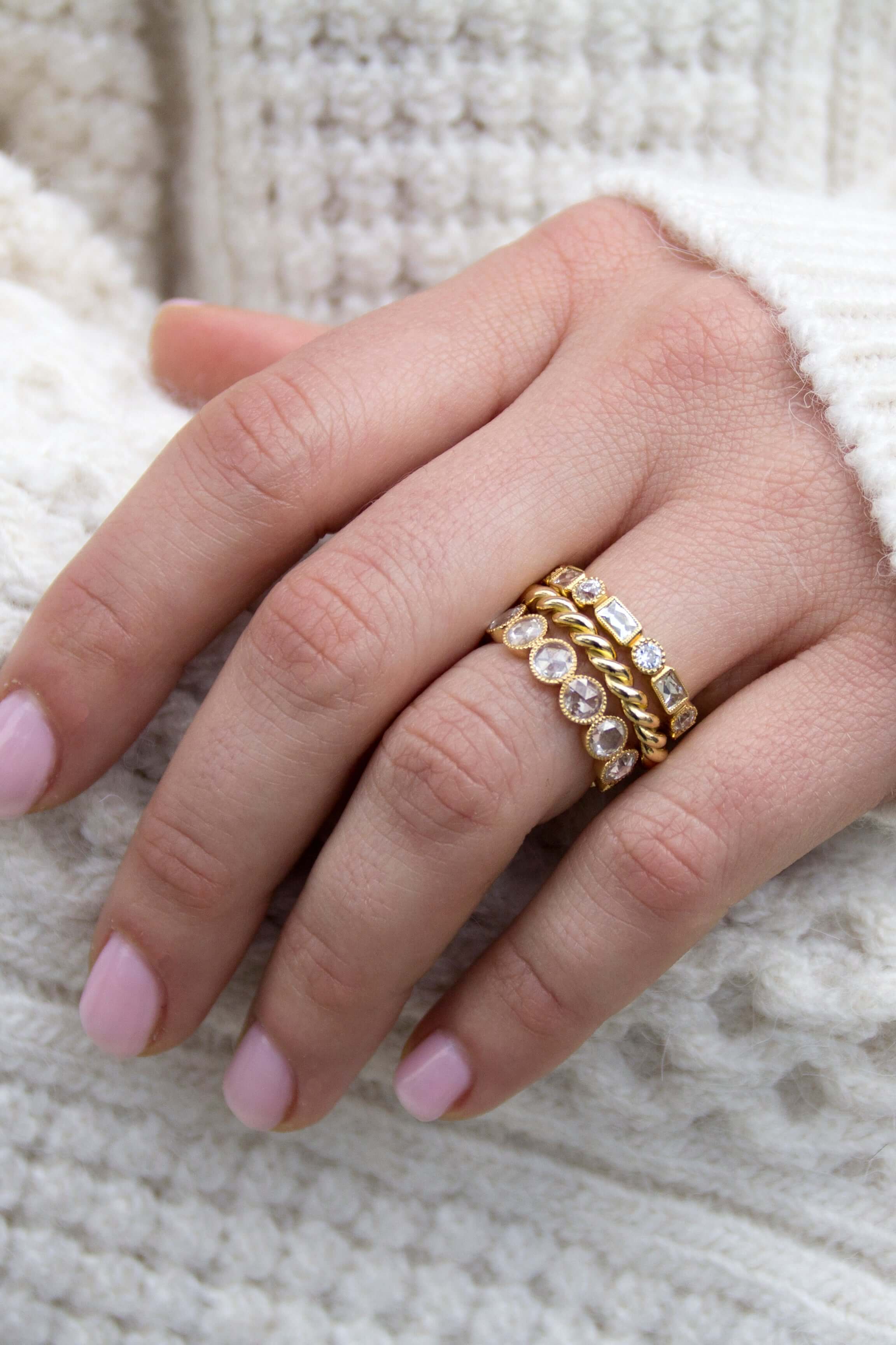 SINGLE STONE LARGE ROSE CUT GABBY BAND | Approximately 2.00ctw G-H/VS-SI Rose cut diamonds bezel set in a handcrafted eternity band. Approximate band width 4.8mm. Please inquire for additional customization.