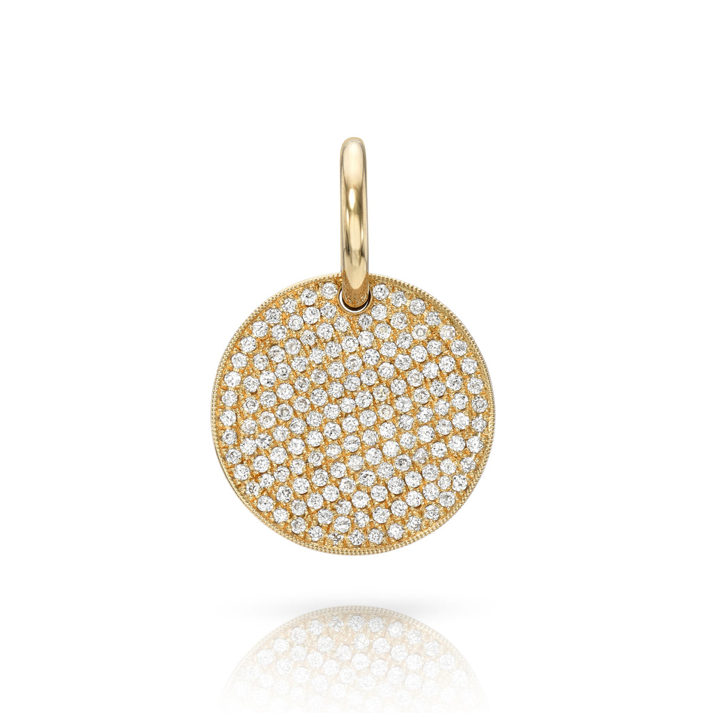 
Single Stone's Complete pavé round disc pendant  featuring 
Old European cut diamonds pavè set in a handcrafted 18K yellow gold engravable round pendant.  
15mm: approximately 0.70ctw
20mm: approximately 1.30ctw
25mm: approximately 2.10ctw
30mm: approximately 2.60ctw
Price includes monogrammed engraving of up to three letters in any of the styles shown above - please be sure to specify before placing your order. Please contact us to inquire about additional customization.
Price does not include chain. 

