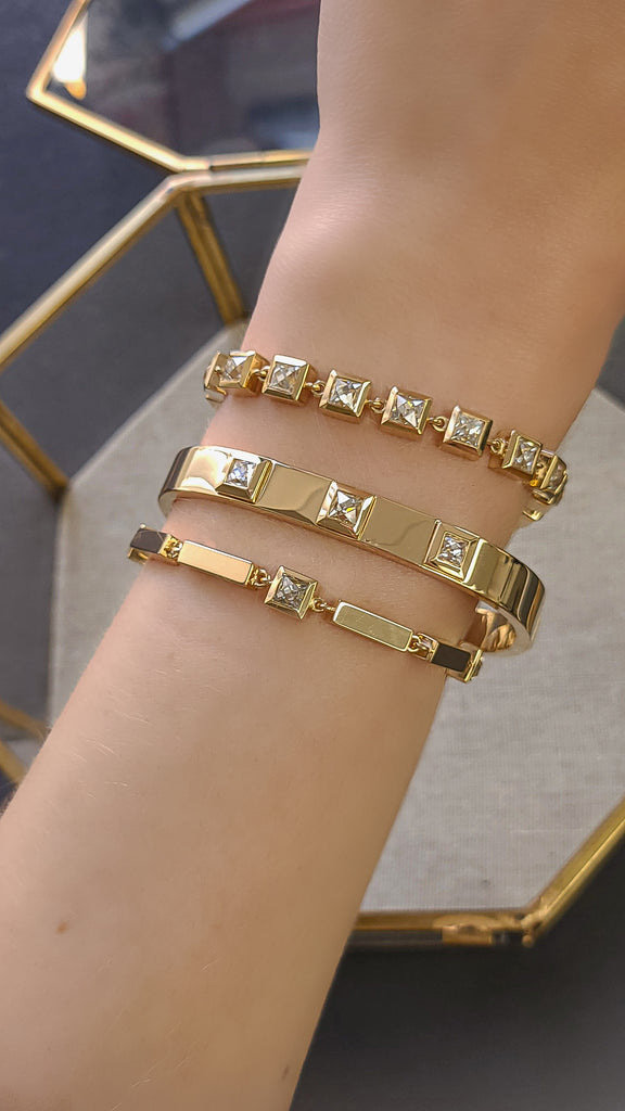 French cut diamonds bezzle set in Single Stone's 'Karina' diamond tennis bracelet and bangle, and 'Kiara' bracelet