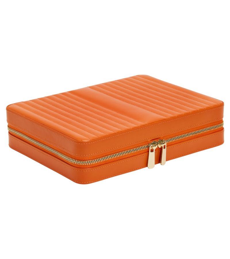 Single Stone's MARIA LARGE ZIP CASE - TANGERINE  featuring Material: Leather Storage: 10 ring rolls, 2 open compartments, 1 lidded compartment, 2 drawstring pouches, 6 necklace snap-on hooks with pocket, 1 ring bar, one earring bar. LusterLoc™: Allows the fabric lining the inside of your jewellery cases to absorb the hostile gases known to cause tarnishing. Under typical stora
