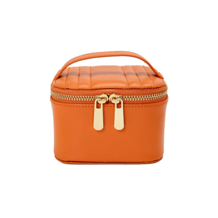 Single Stone's MARIA ZIP JEWELRY CUBE - TANGERINE  featuring Storage: 1 ring bar, 1 earring bar, 5 zip compartments LusterLoc™: Allows the fabric lining the inside of your jewellery cases to absorb the hostile gases known to cause tarnishing. Under typical storage conditions, it can prevent tarnishing for up to 35 years. 4.5&quot; L X 4.5&quot; W X 3&quot; H

