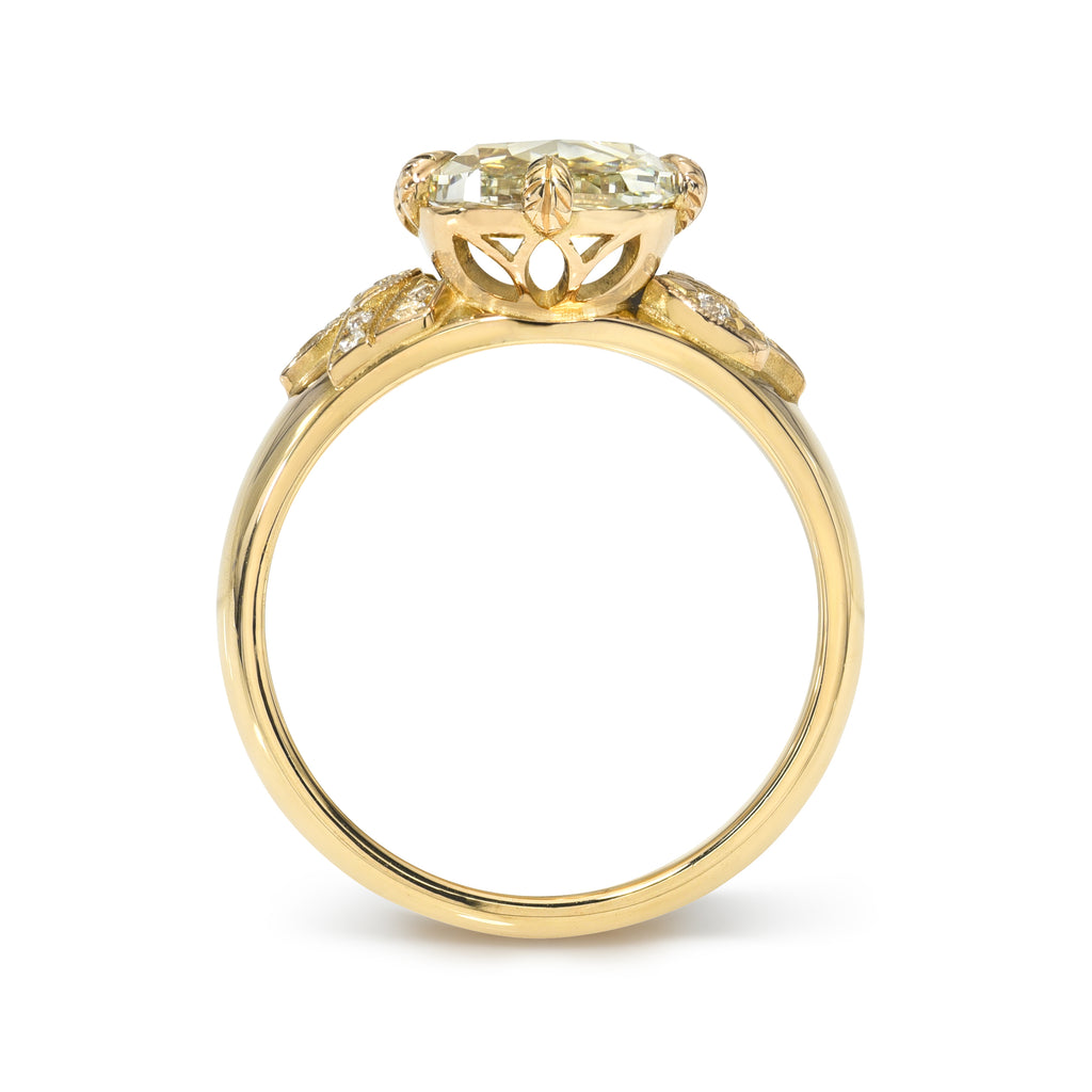 Single Stone's ALLISON ring  featuring 2.38ct M/SI1 GIA certified cushion shaped rose cut diamond with 0.17ctw old European cut accent diamonds prong set in a handcrafted 18K yellow gold mounting.
