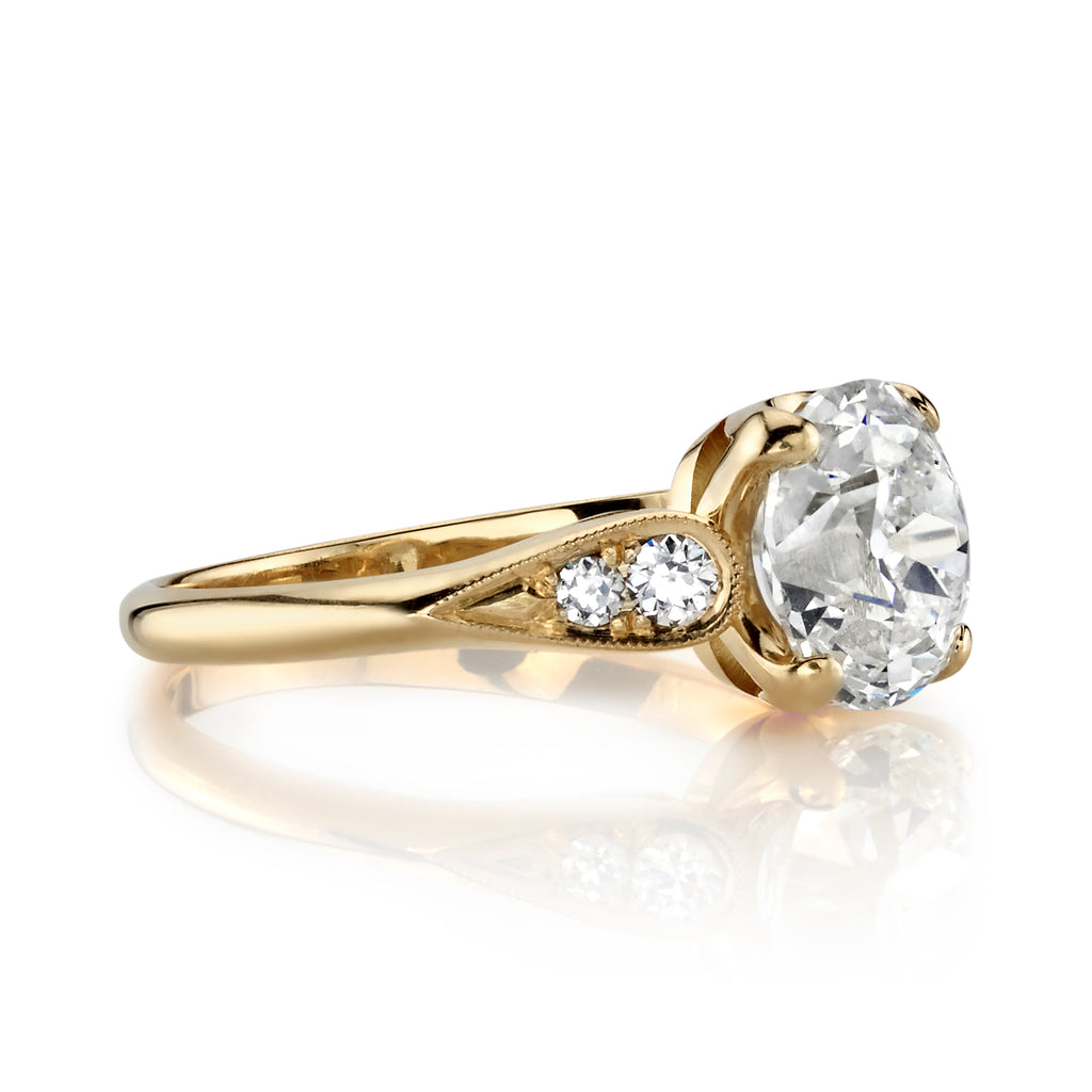 Single Stone's AMANDA ring  featuring 1.86ct I/SI2 GIA certified antique cushion cut diamond with 0.12ctw old European cut accent diamonds prong set in a handcrafted 18K yellow gold mounting.  

