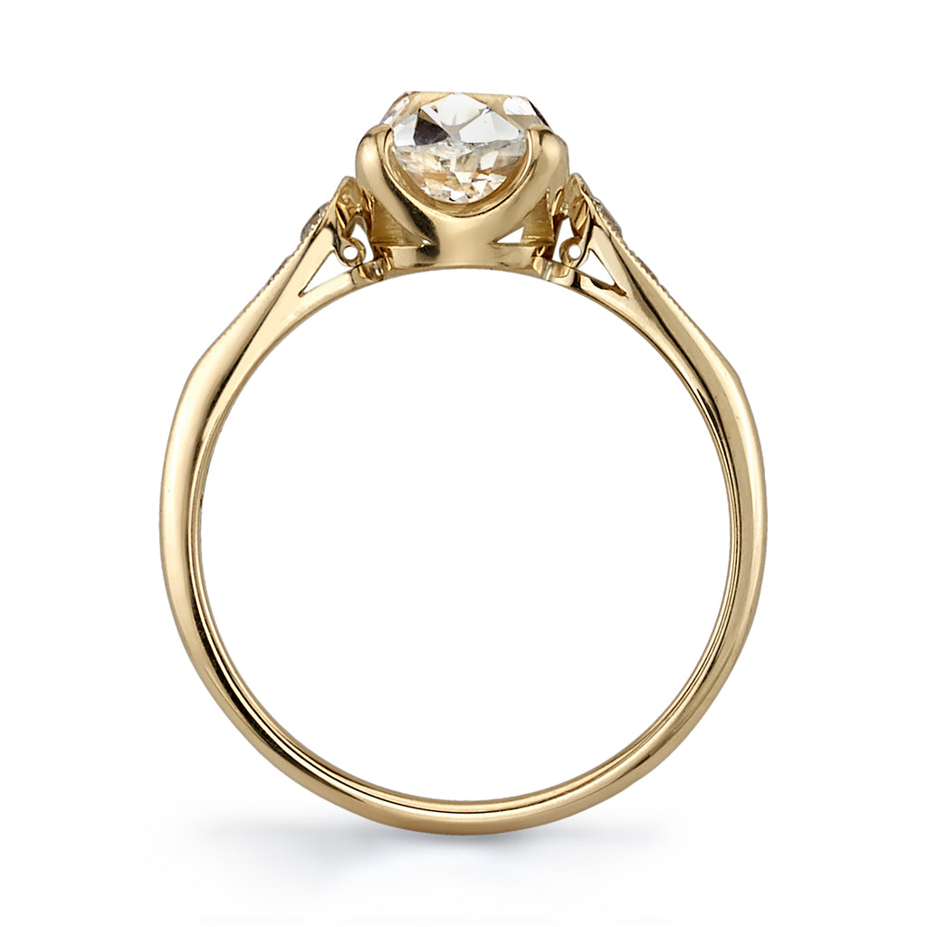 Single Stone's AMANDA ring  featuring 1.86ct I/SI2 GIA certified antique cushion cut diamond with 0.12ctw old European cut accent diamonds prong set in a handcrafted 18K yellow gold mounting.
