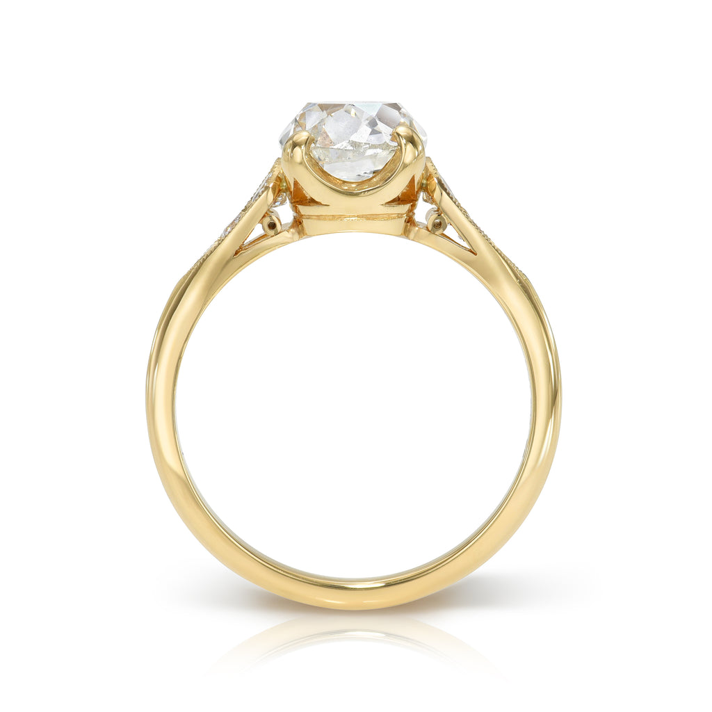 Single Stone's AMANDA ring  featuring 1.99ct F/I2 GIA certified antique cushion cut diamond with 0.14ctw old European cut accent diamonds prong set in a handcrafted 18K yellow gold mounting.
