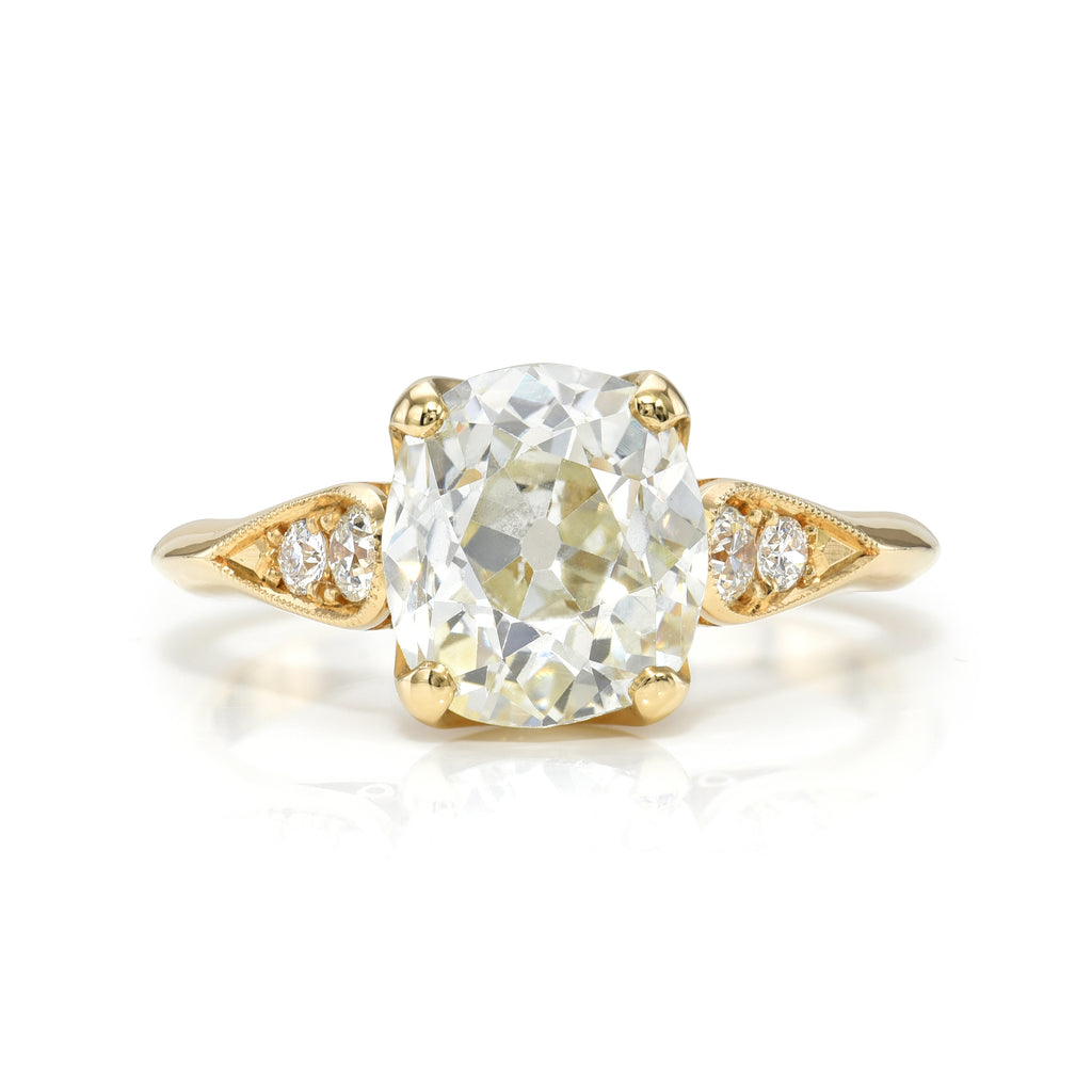 
Single Stone's Amanda ring  featuring 2.35ct L/VS1 GIA certified antique cushion cut diamond with 0.15ctw old European cut accent diamonds prong set in a handcrafted 18K yellow gold mounting.
 
