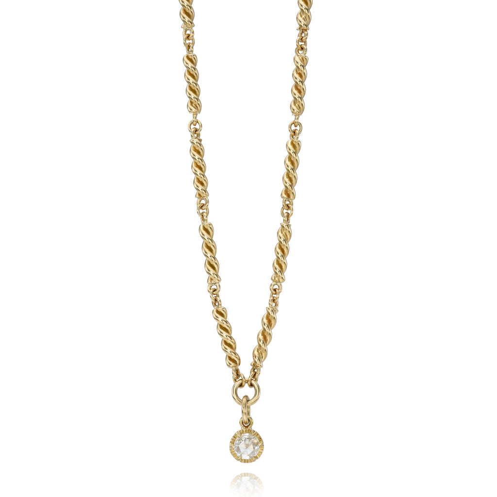 
Single Stone's Arielle drop necklace ring  featuring 0.35ct F-G/VS rose cut diamond prong set on our handcrafted 18K yellow gold twisted link Lara Necklace.
Necklace measures 17.5".
