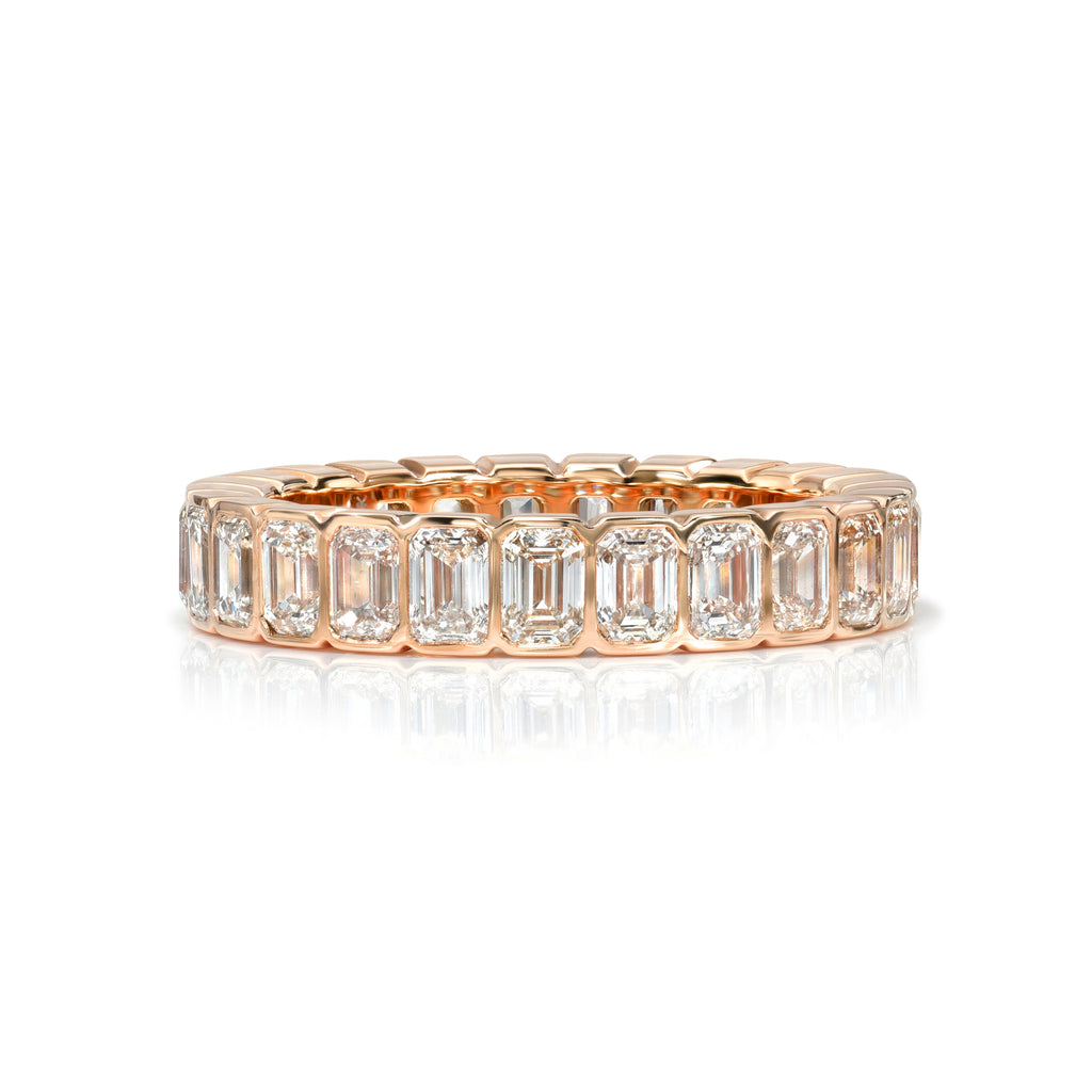 Single Stone's ATHENA band  featuring Approximately 2.50ctw H-I/VS emerald cut diamonds bezel set in a handcrafted eternity band. Approximate band width 4mm. Please inquire for additional customization.
