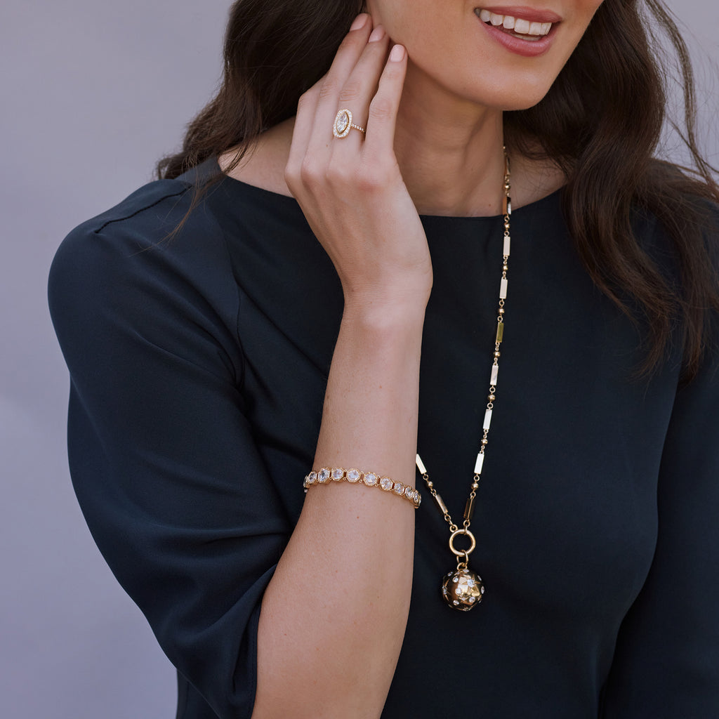 Single Stone's MINA ANNEX  featuring Handcrafted 18K yellow gold alternating solid rectangular link and bead necklace with round charm enhancer. Price does not include charm. 
