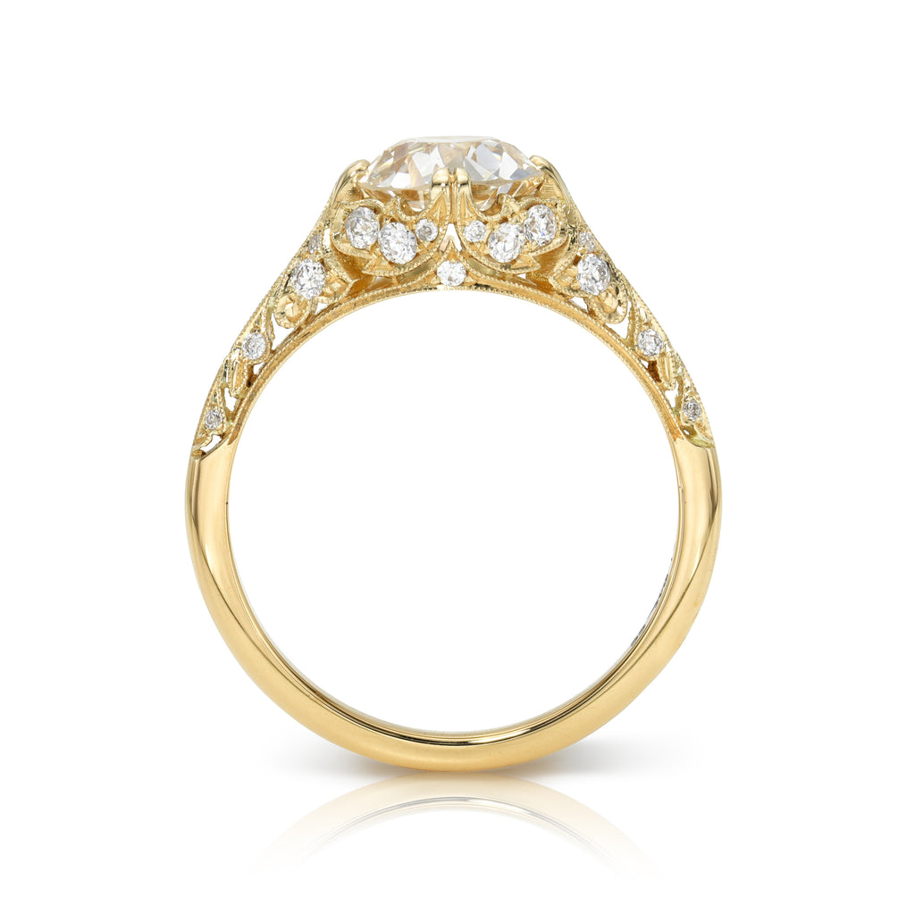 Single Stone's CHARLOTTE ring  featuring 1.43ct L-Faint Brown/VS1 GIA certified old European cut diamond with 0.22ctw old European cut accent diamonds prong set in a handcrafted 18K yellow gold mounting.
