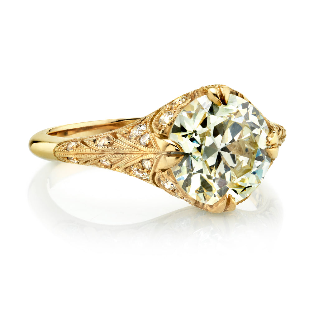 Single Stone's CHARLOTTE  featuring 2.30ct N/VS2 GIA certified old European cut diamond with 0.27ctw old European cut accent diamonds prong set in a handcrafted 18K yellow gold mounting.
